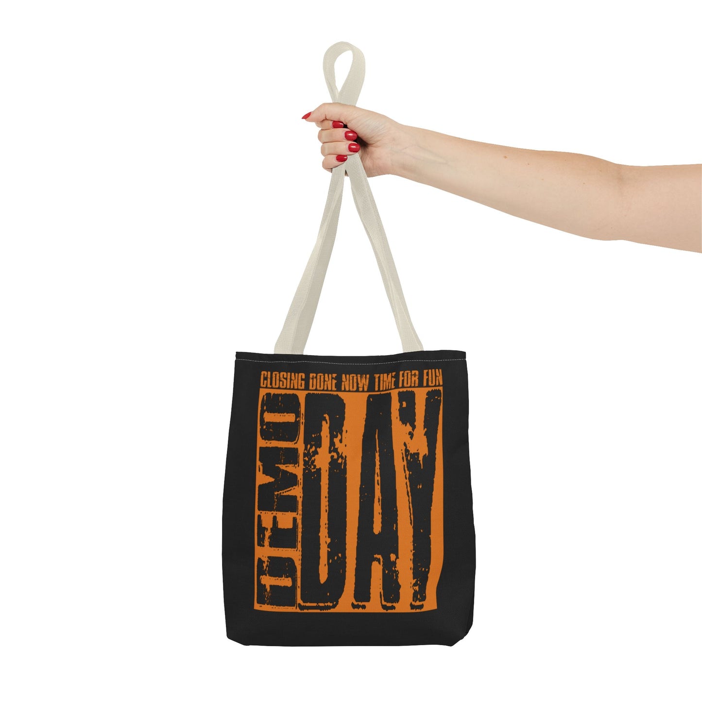 Demo Day Closing Done Now Time for Fun Lead Generation Two-Sided Black Tote Bag with Custom Phone Number