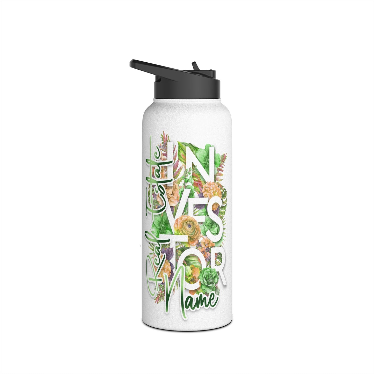 Floral Real Estate Investor Personalized Stainless Steel Water Bottle, Standard Lid