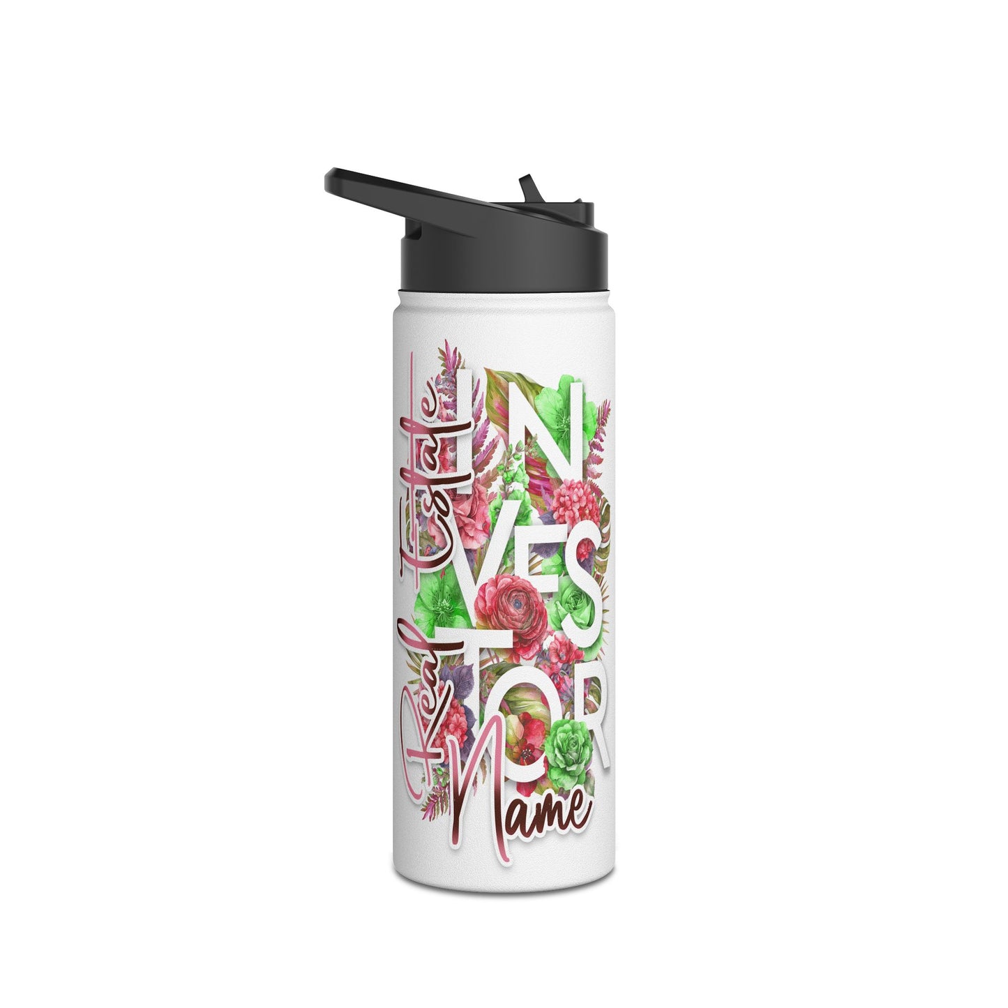 Floral Real Estate Investor Personalized Stainless Steel Water Bottle, Standard Lid