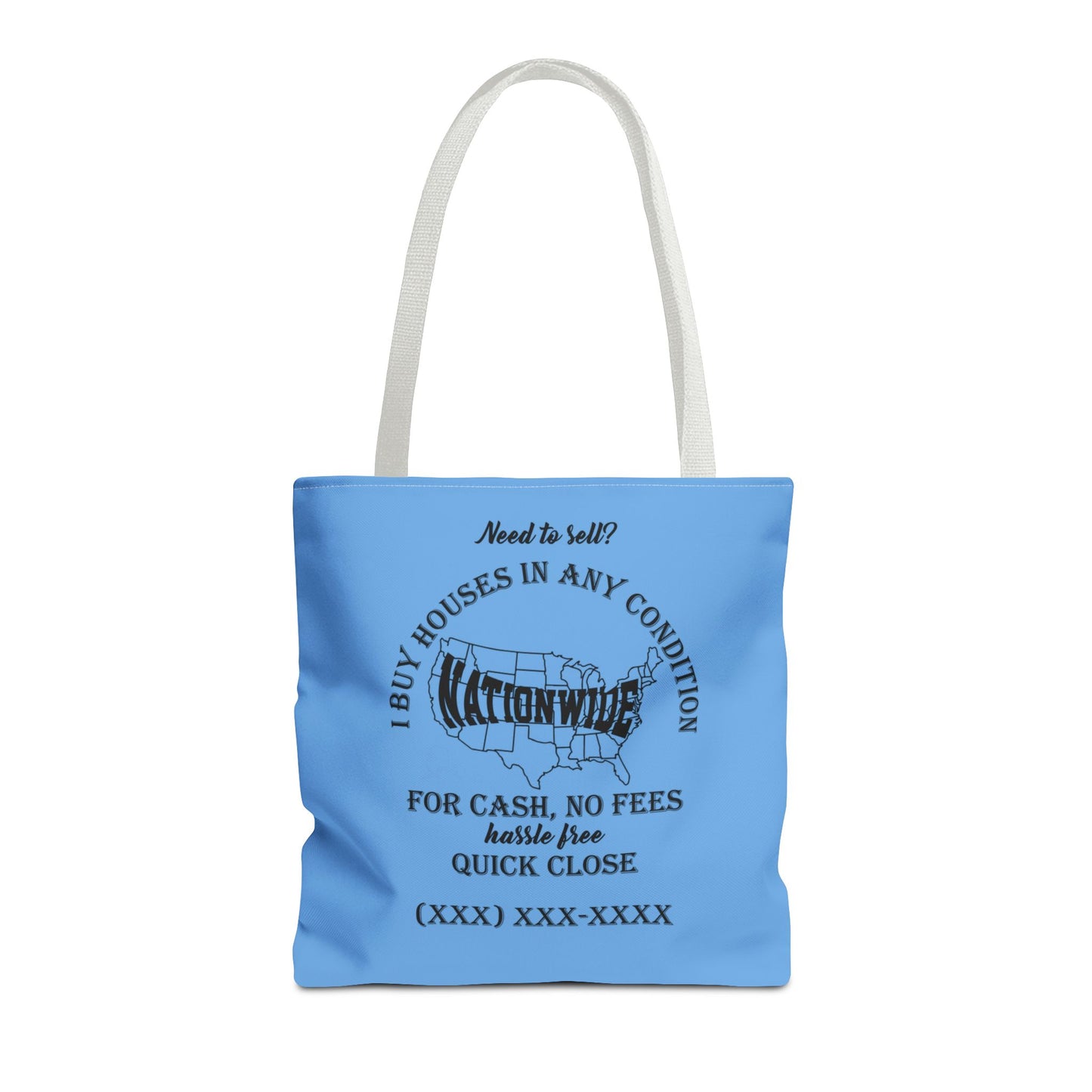 I Buy Houses Nationwide Real Estate Investor Two-Sided Blue Tote Bag with Custom Phone Number