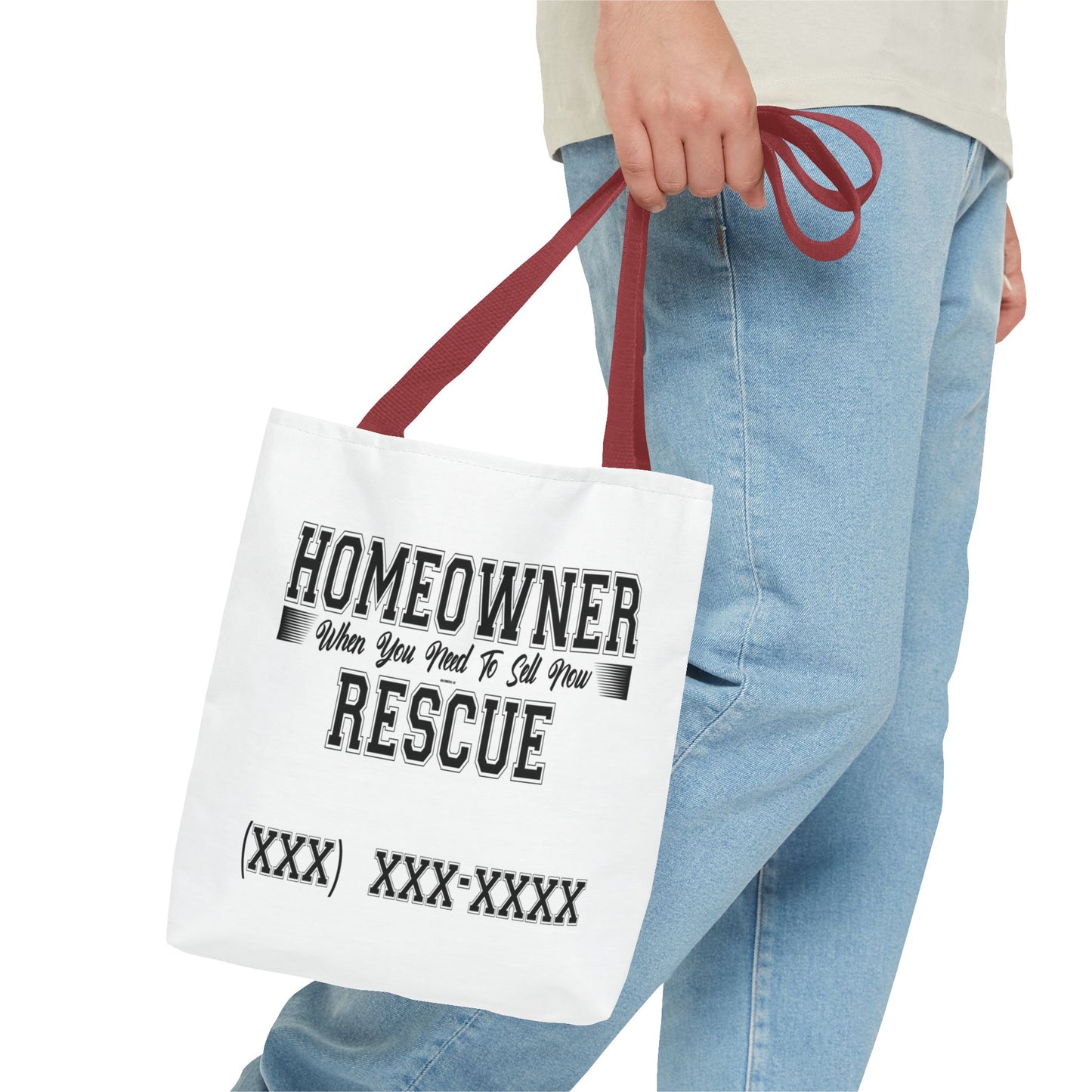 Homeowner Rescue Real Estate Investor Two-Sided White Tote Bag with Custom Phone Number