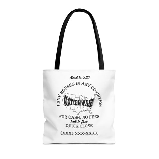 I Buy Houses Nationwide Real Estate Investor Two-Sided White Tote Bag with Custom Phone Number