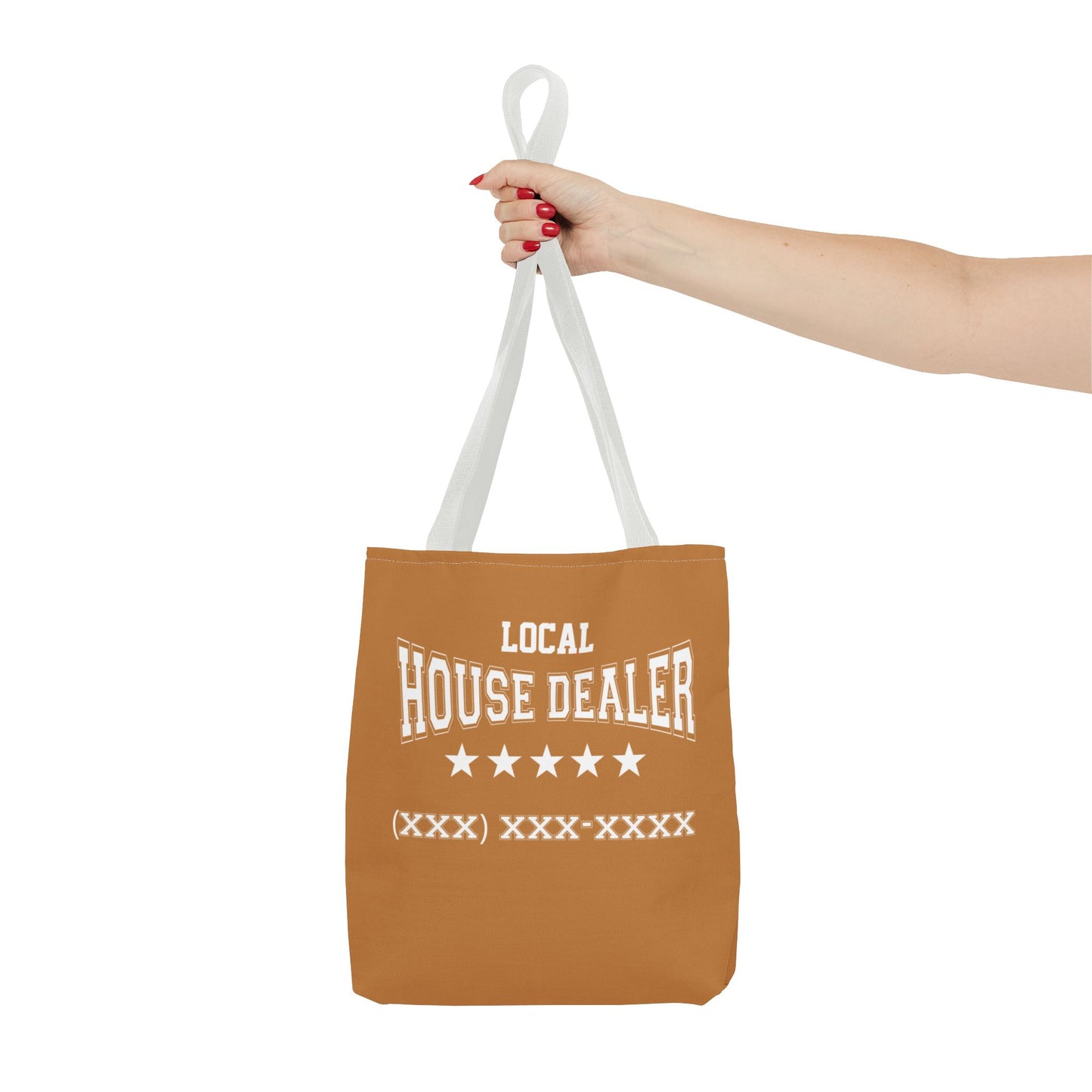 Local Five Star House Dealer Real Estate Investor Two-Sided Brown Tote Bag with Custom Phone Number