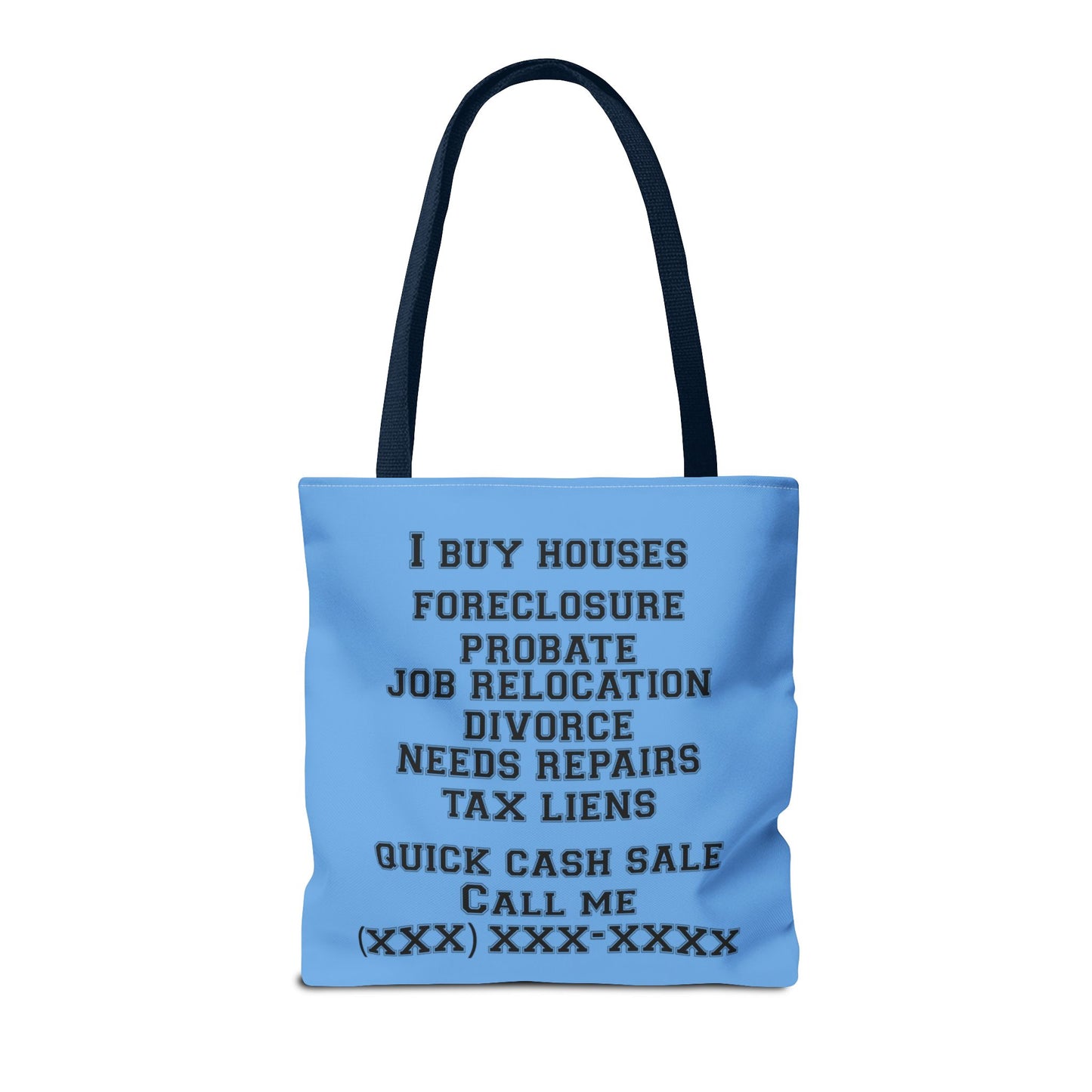 Foreclosure Rescue Real Estate Investor Two-Sided Blue Tote Bag with Custom Phone Number