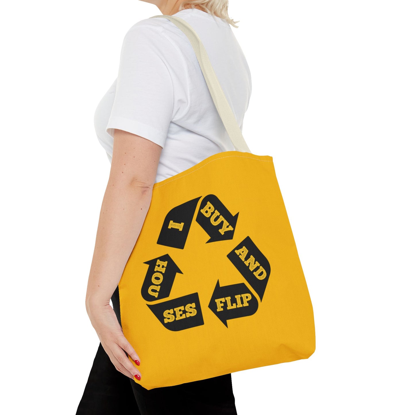 I Buy and Flip Houses to Buy Real Estate Investor Two-Sided Black & Yellow Tote Bag with Custom Phone Number