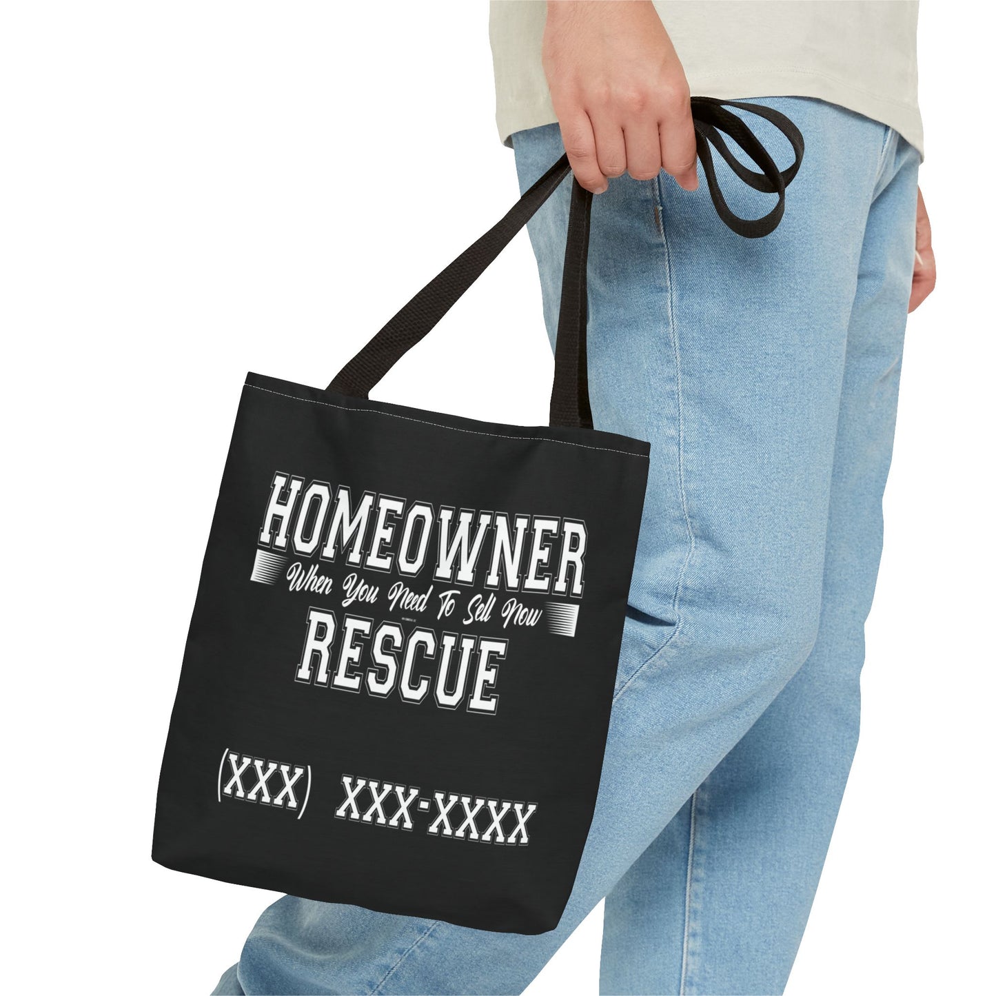 Homeowner Rescue Real Estate Investor Two-Sided Black Tote Bag with Custom Phone Number