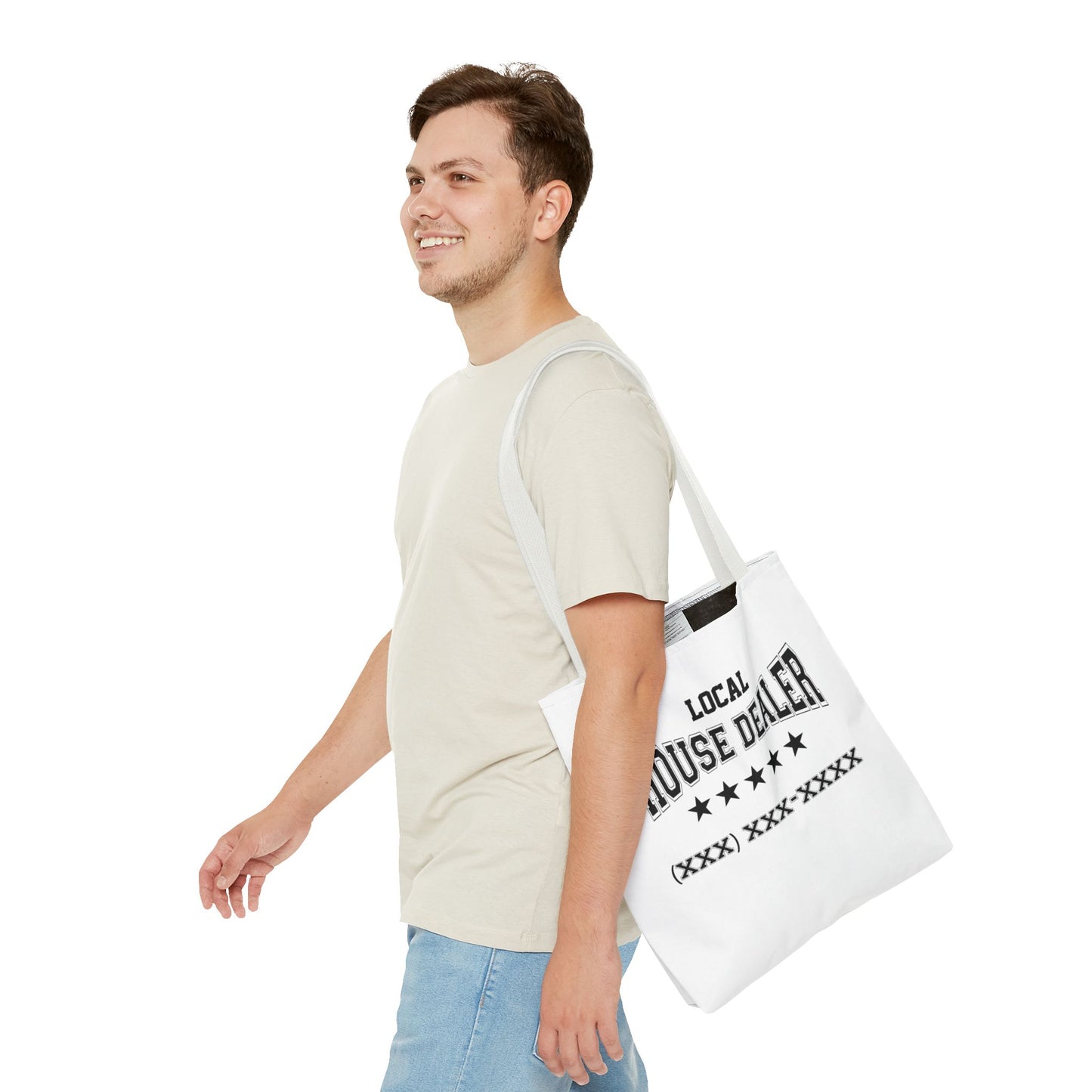 Local Five Star House Dealer Real Estate Investor Two-Sided White Tote Bag with Custom Phone Number