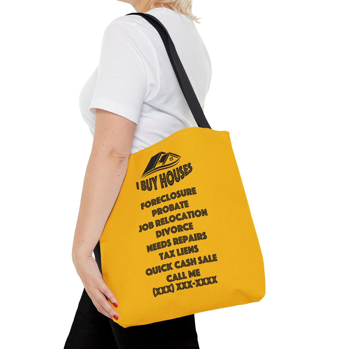 Ask Me About Buying Your House Real Estate Investor Two-Sided Yellow Tote Bag with Custom Phone Number