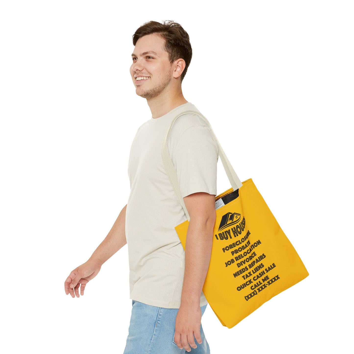 Ask Me About Buying Your House Real Estate Investor Two-Sided Yellow Tote Bag with Custom Phone Number