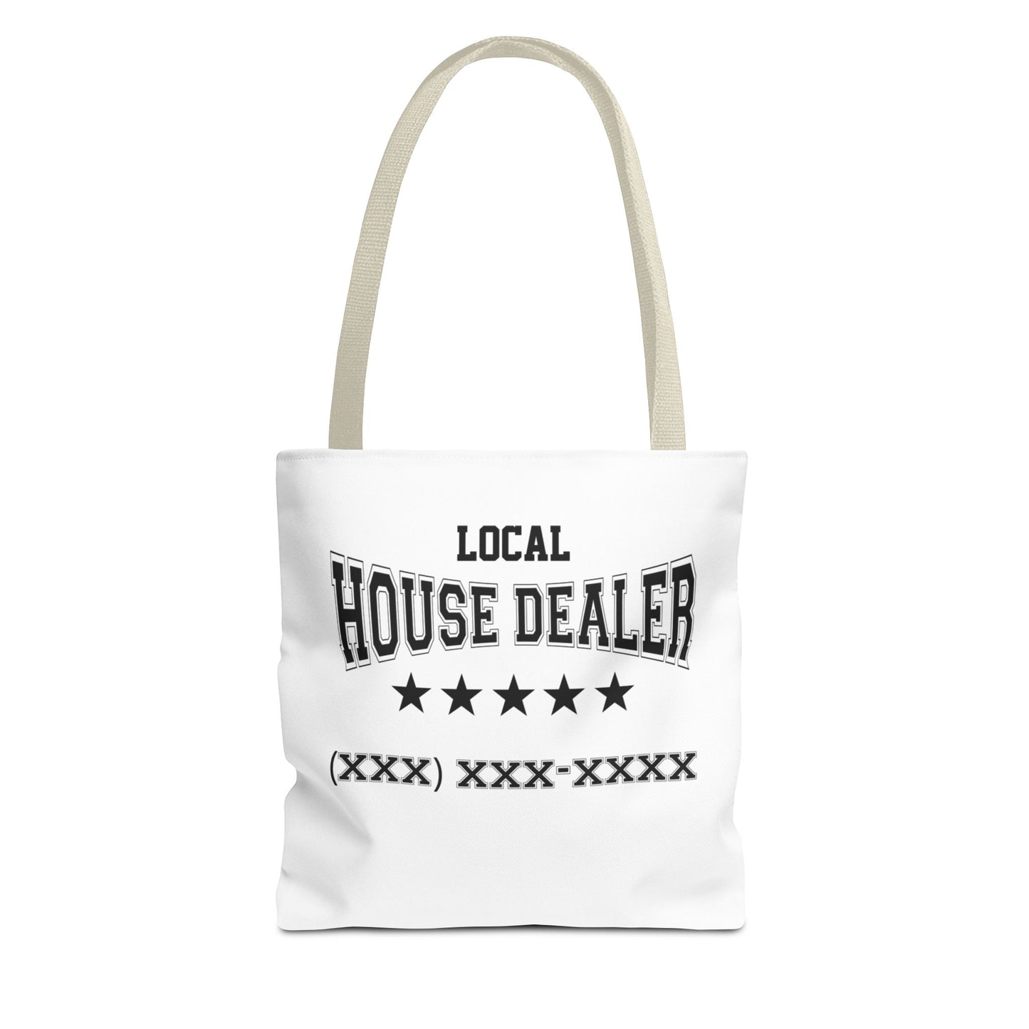 Local Five Star House Dealer Real Estate Investor Two-Sided White Tote Bag with Custom Phone Number