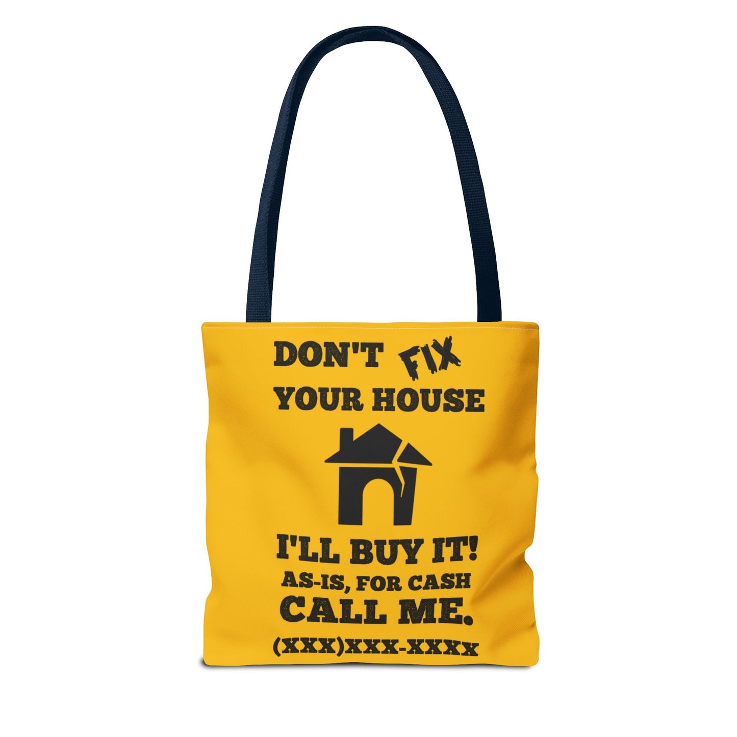 I Buy and Flip Houses to Buy Real Estate Investor Two-Sided Black & Yellow Tote Bag with Custom Phone Number