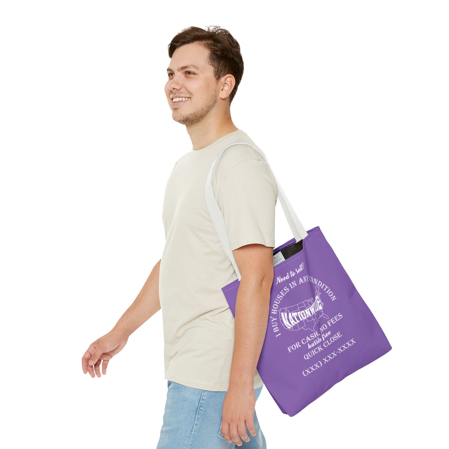 I Buy Houses Nationwide Real Estate Investor Two-Sided Purple Tote Bag with Custom Phone Number