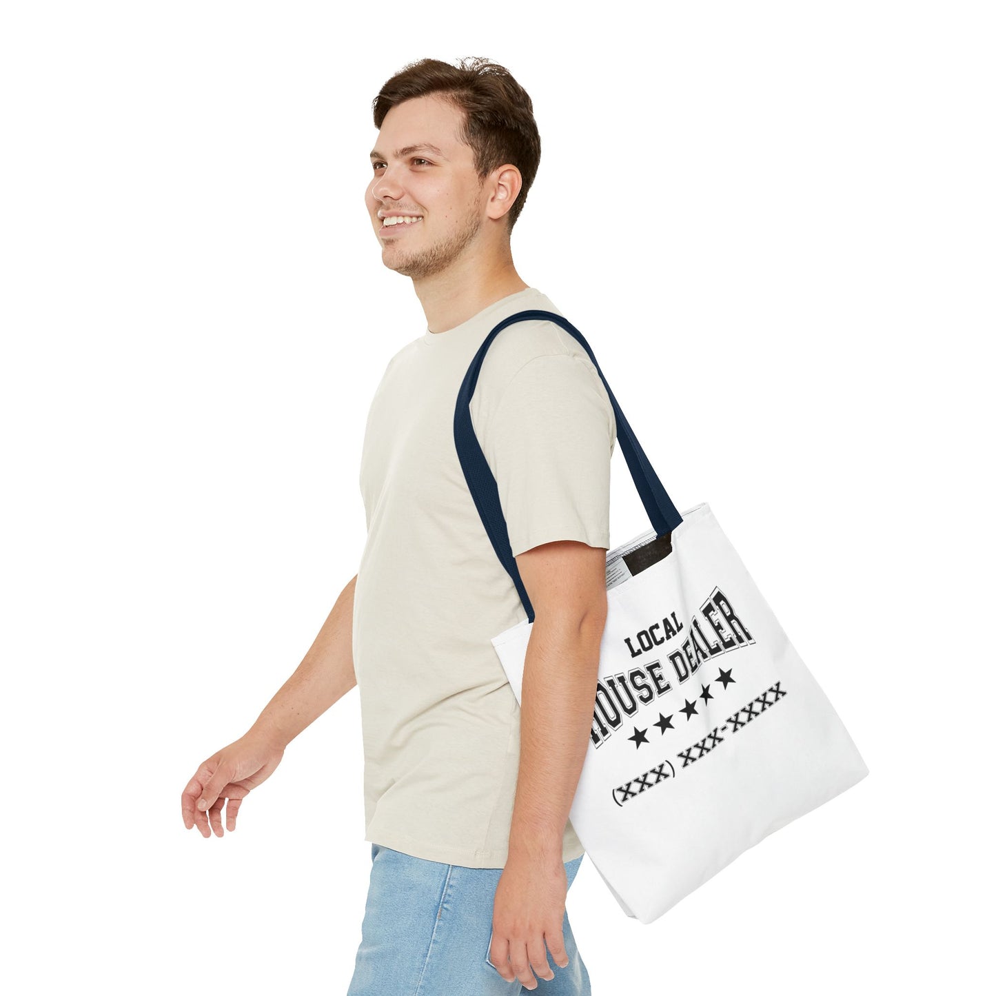 Local Five Star House Dealer Real Estate Investor Two-Sided White Tote Bag with Custom Phone Number