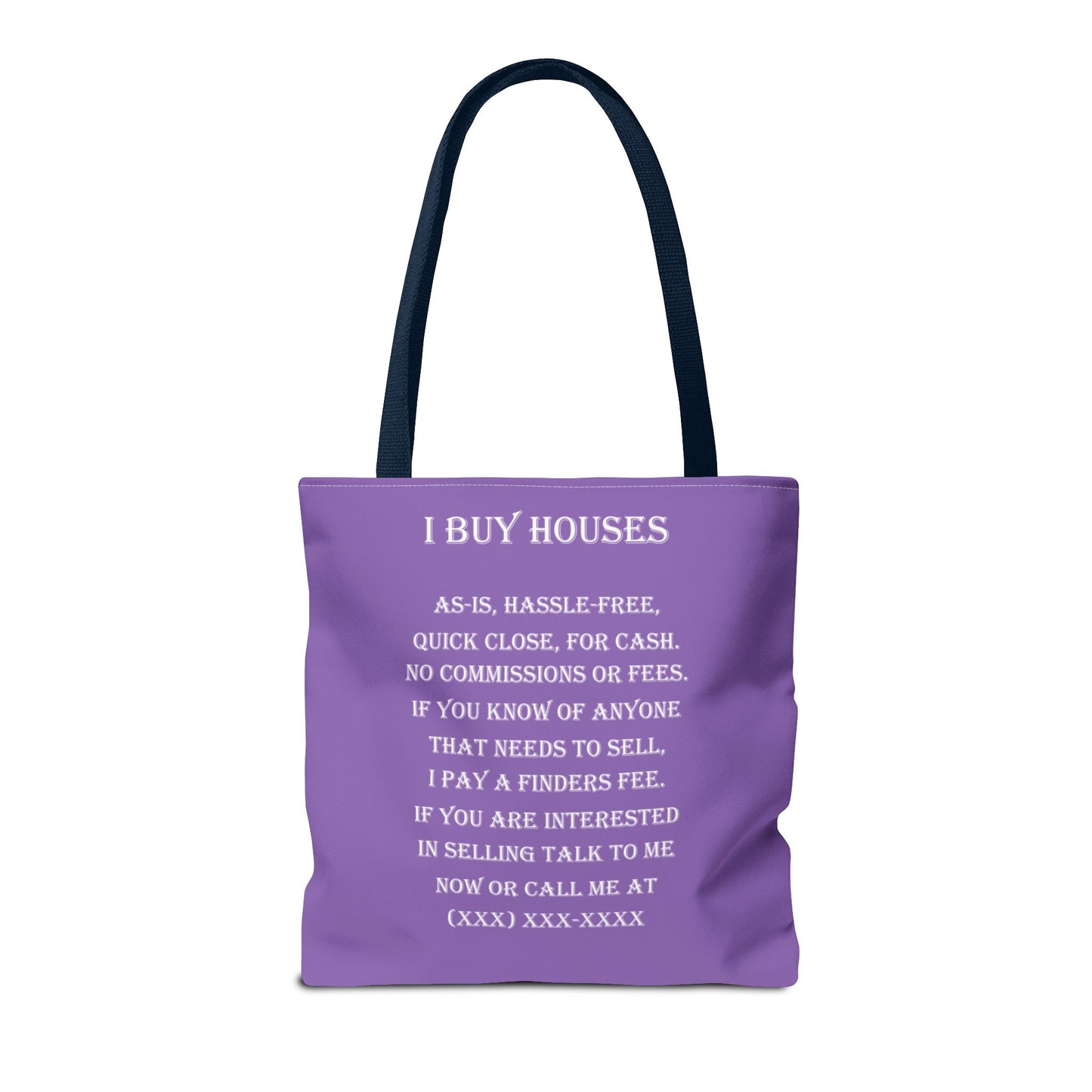 I Buy Houses Nationwide Real Estate Investor Two-Sided Purple Tote Bag with Custom Phone Number