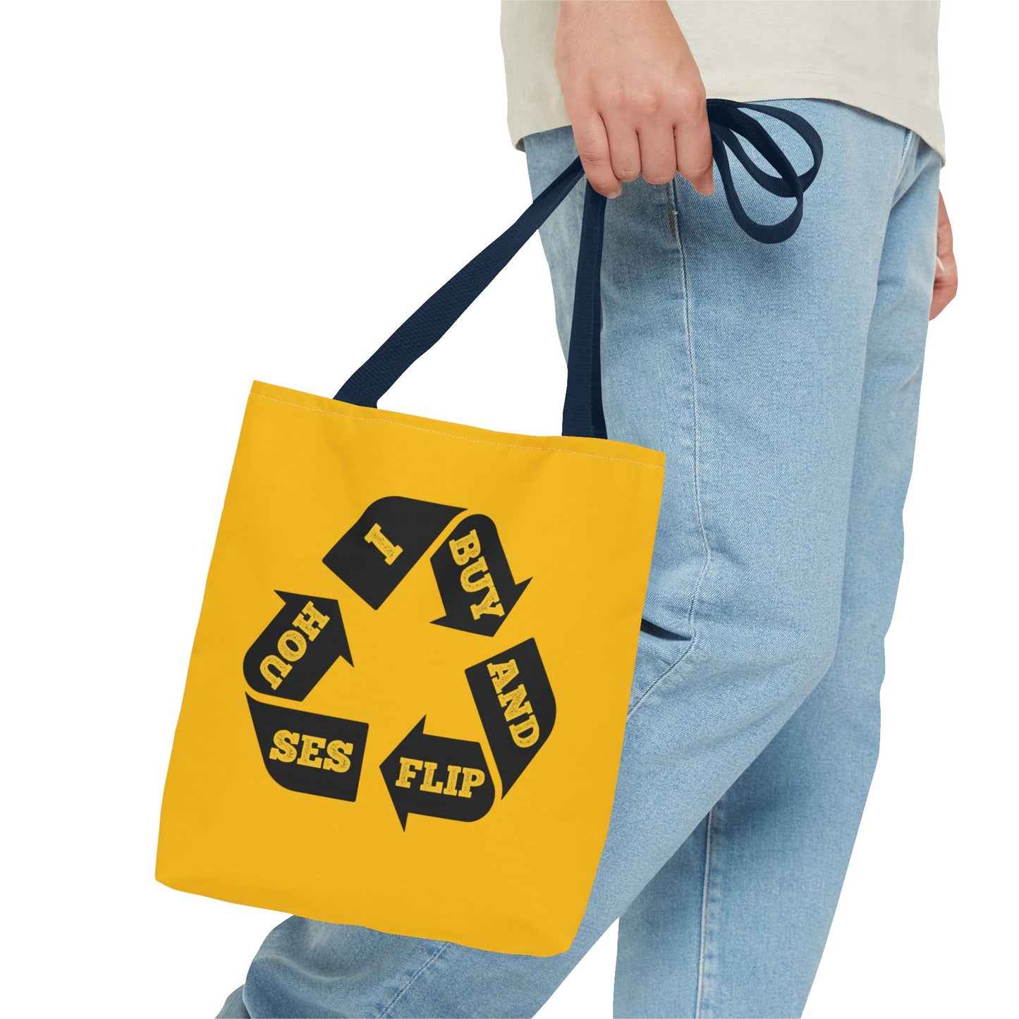 I Buy and Flip Houses to Buy Real Estate Investor Two-Sided Black & Yellow Tote Bag with Custom Phone Number