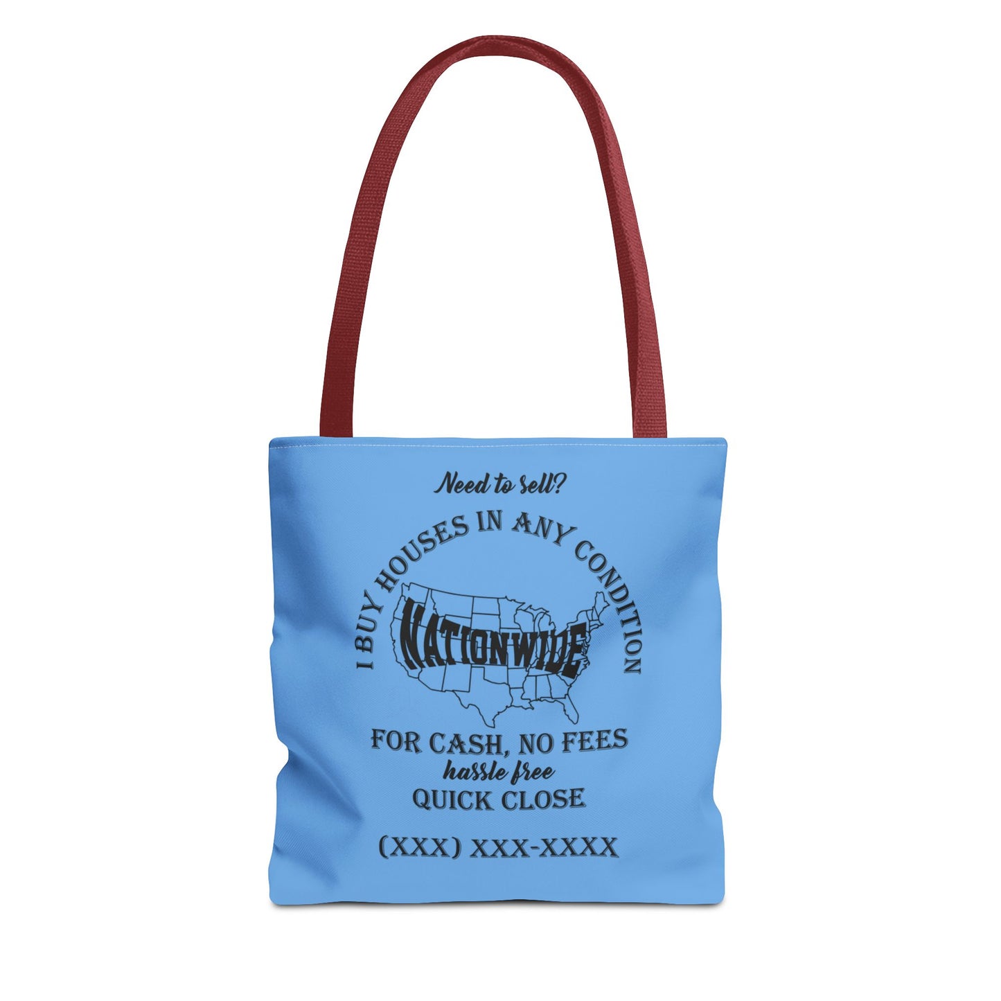 I Buy Houses Nationwide Real Estate Investor Two-Sided Blue Tote Bag with Custom Phone Number