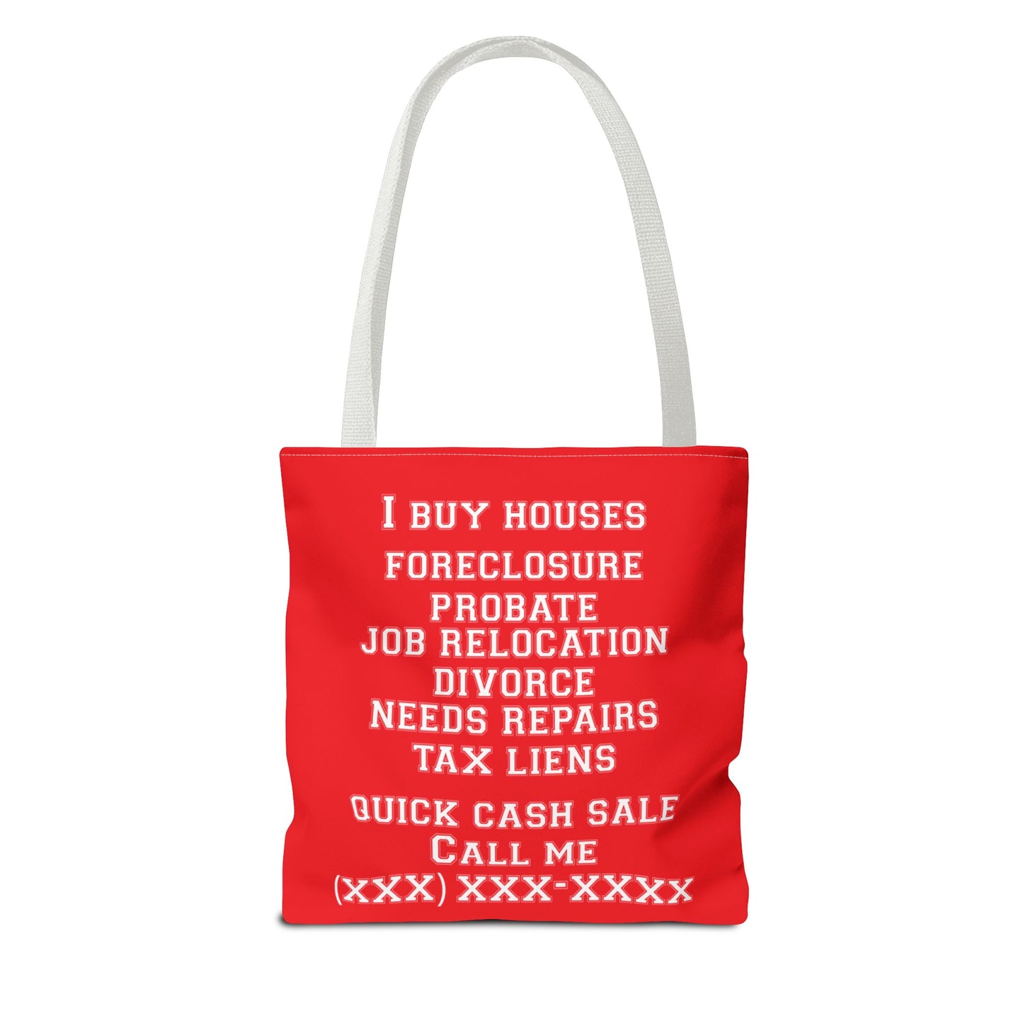 Foreclosure Rescue Real Estate Investor Two-Sided Red Tote Bag with Custom Phone Number