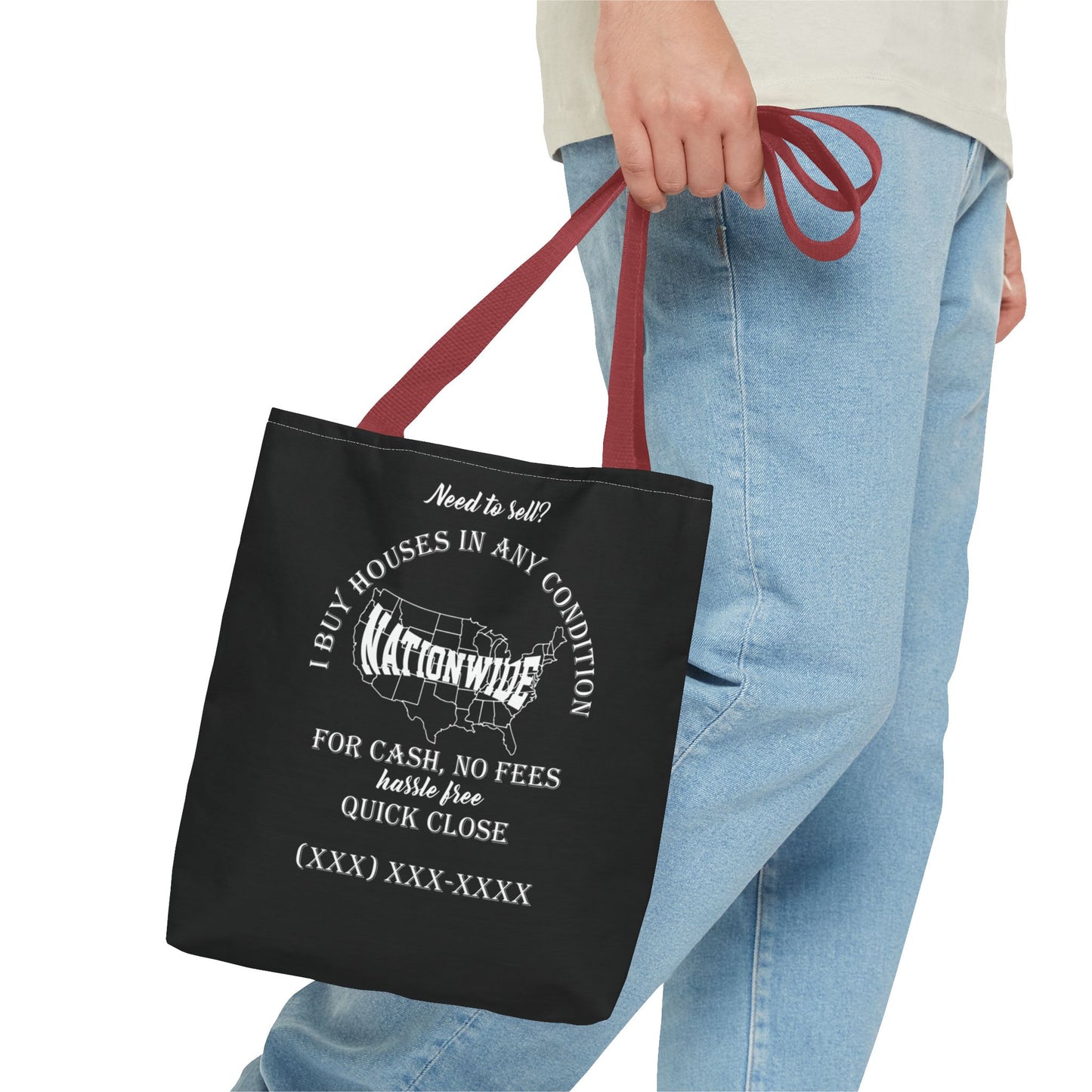 I Buy Houses Nationwide Real Estate Investor Two-Sided Black Tote Bag with Custom Phone Number