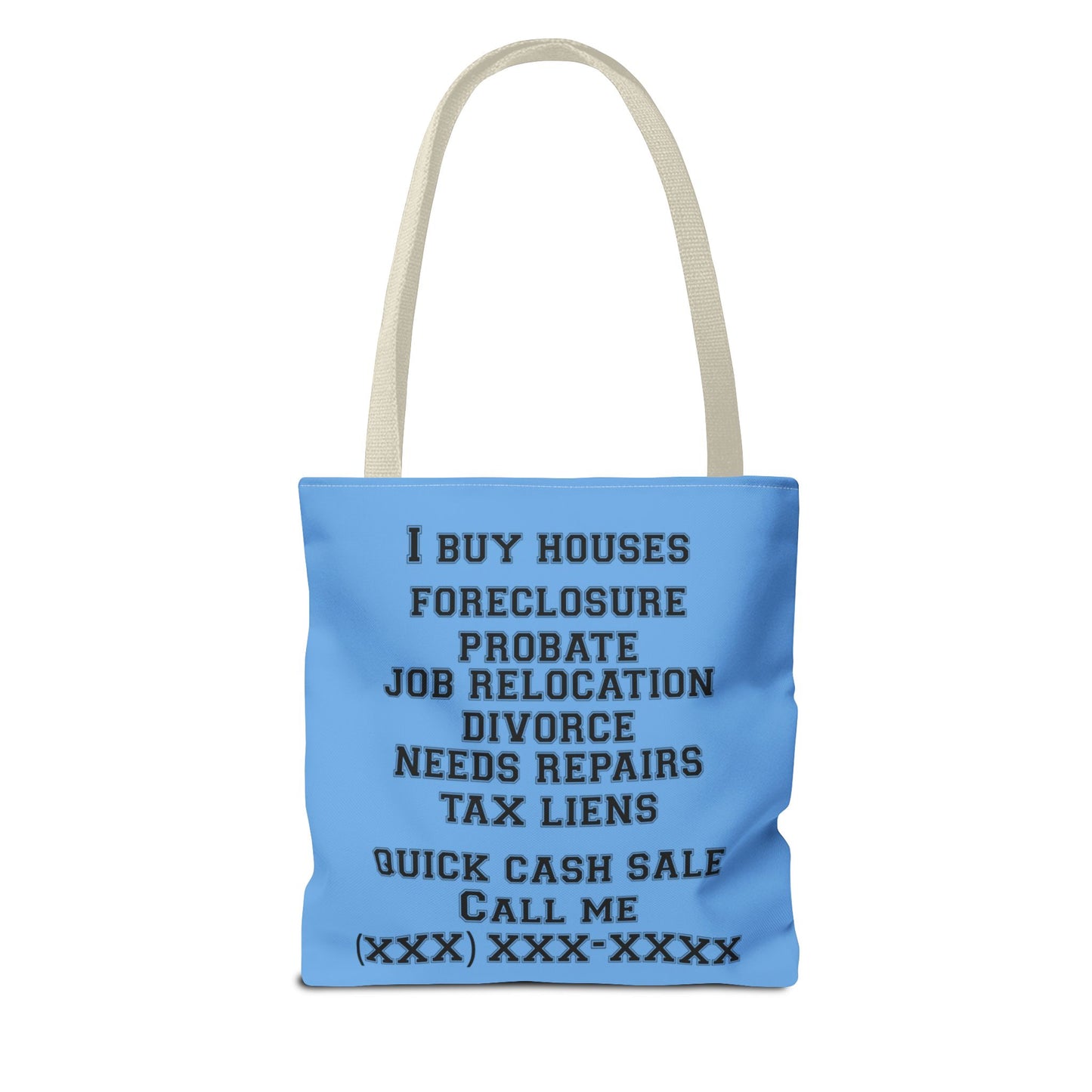 Foreclosure Rescue Real Estate Investor Two-Sided Blue Tote Bag with Custom Phone Number