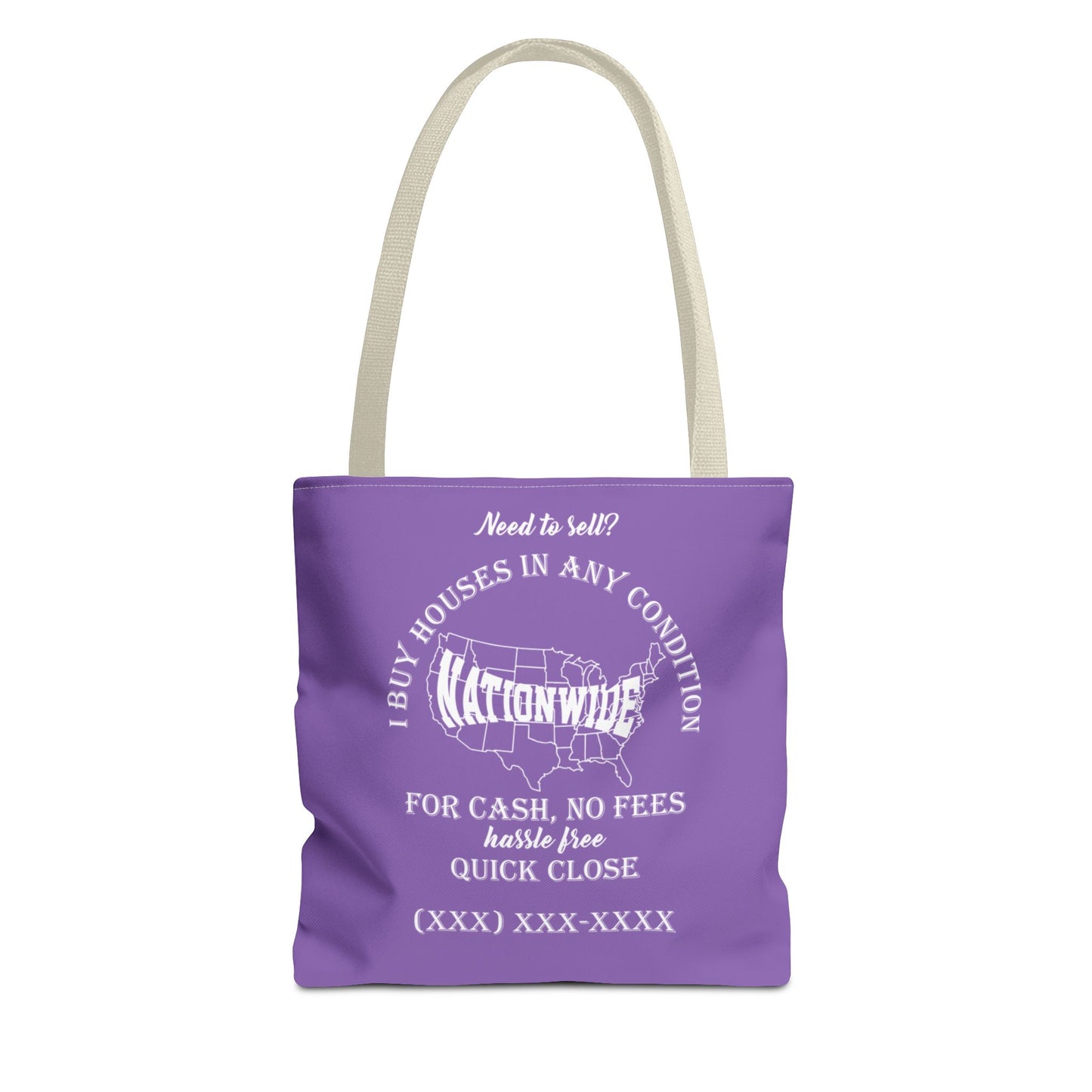 I Buy Houses Nationwide Real Estate Investor Two-Sided Purple Tote Bag with Custom Phone Number