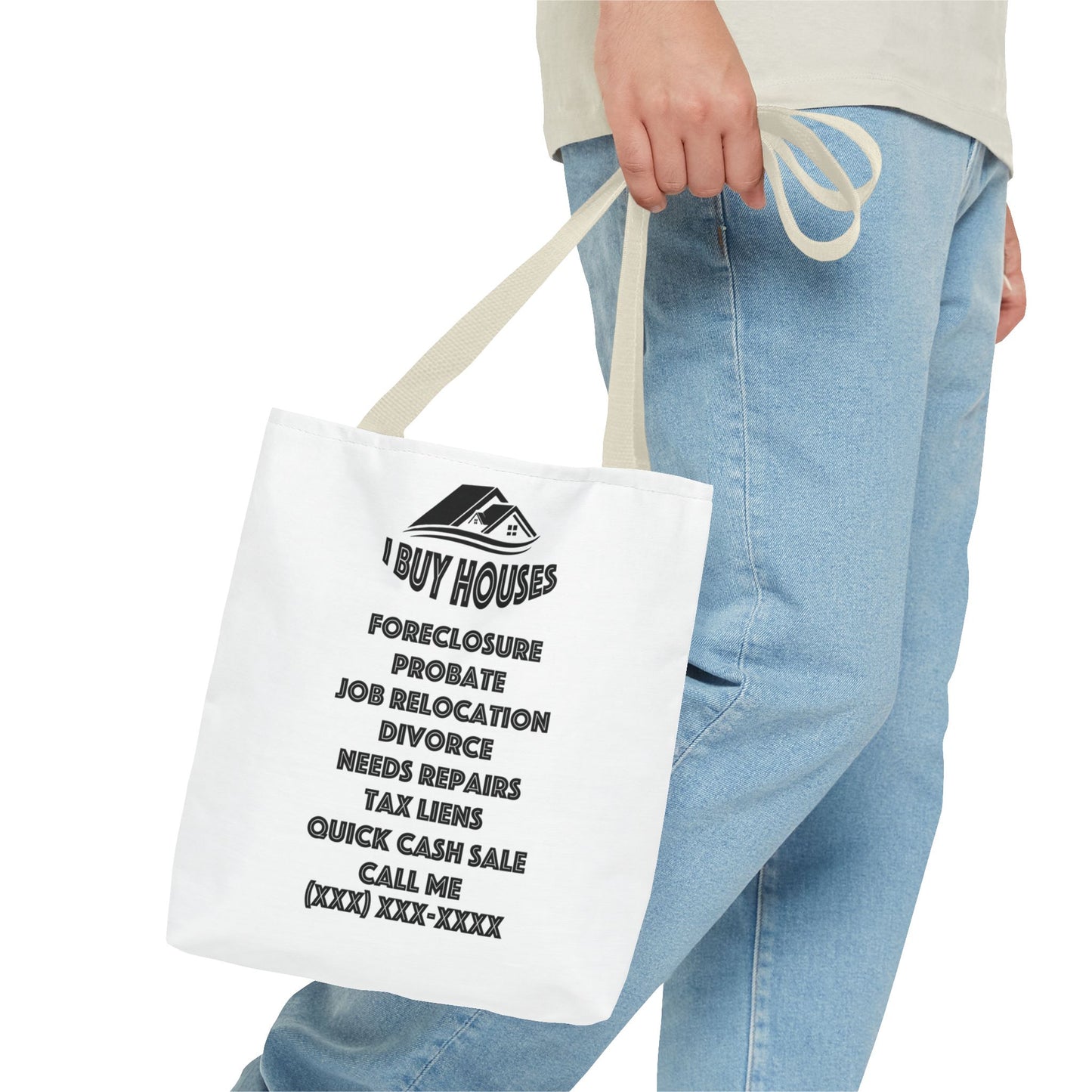 Ask Me About Buying Your House Real Estate Investor White Two-Sided Tote Bag with Custom Phone Number