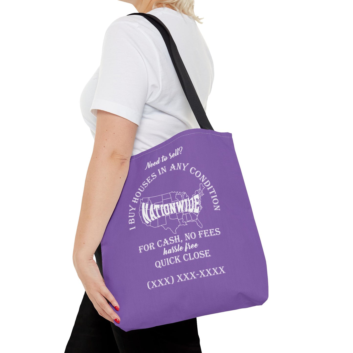 I Buy Houses Nationwide Real Estate Investor Two-Sided Purple Tote Bag with Custom Phone Number