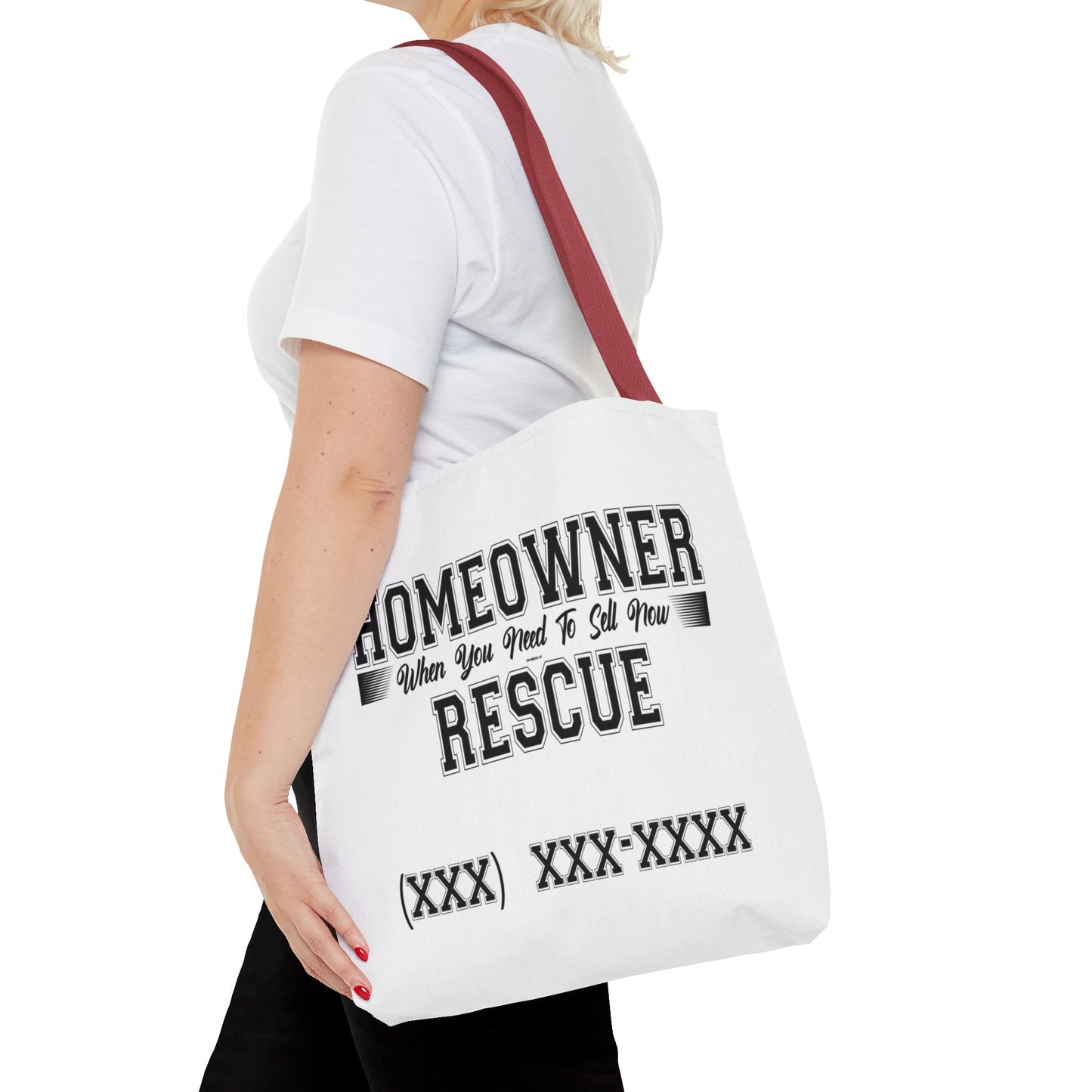 Homeowner Rescue Real Estate Investor Two-Sided White Tote Bag with Custom Phone Number