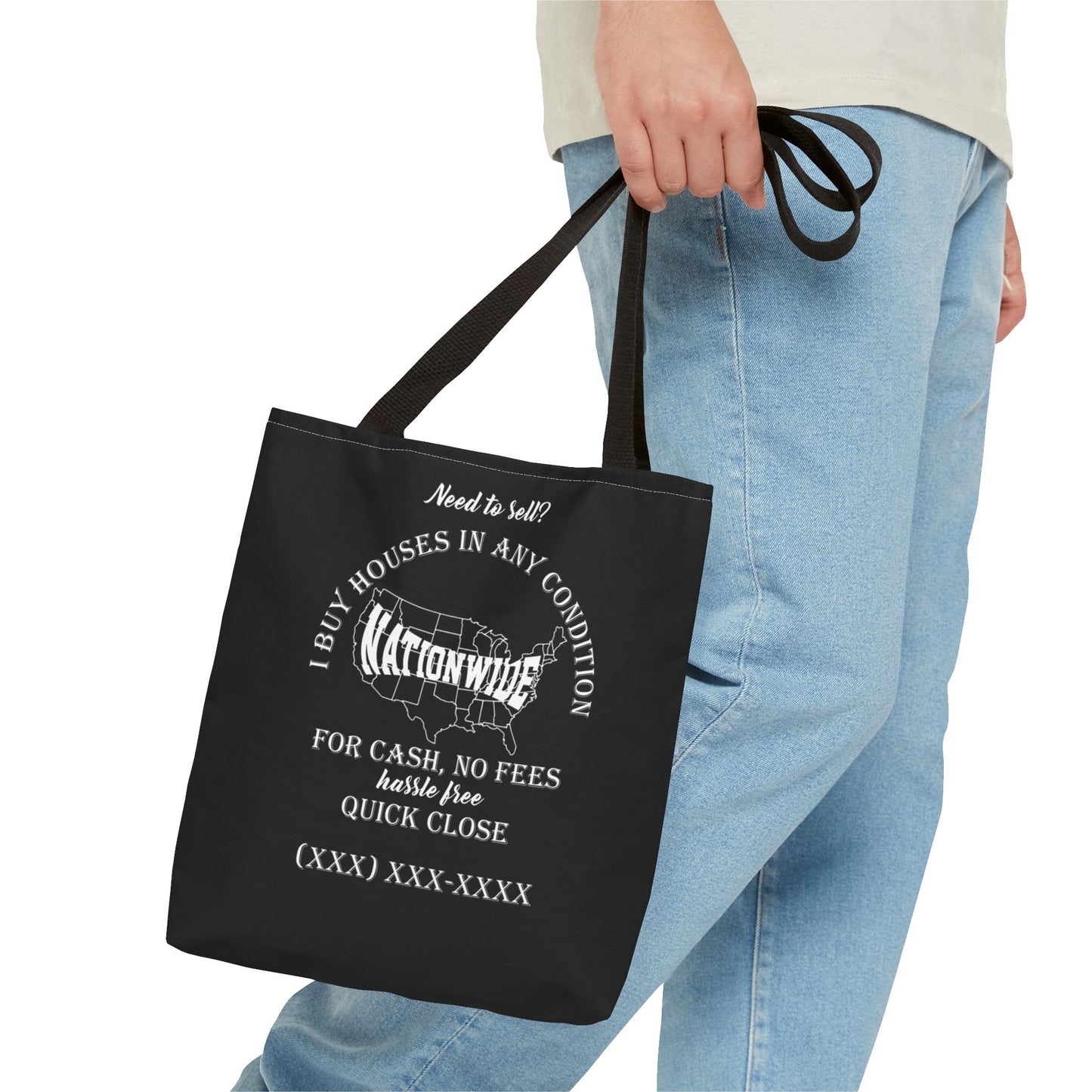 I Buy Houses Nationwide Real Estate Investor Two-Sided Black Tote Bag with Custom Phone Number