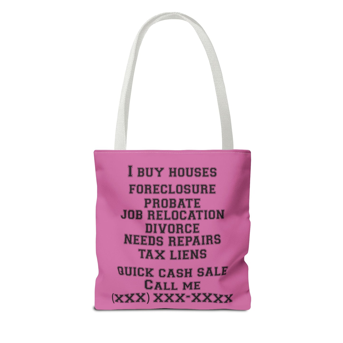 Homeowner Rescue Real Estate Investor Two-Sided Pink Tote Bag with Custom Phone Number