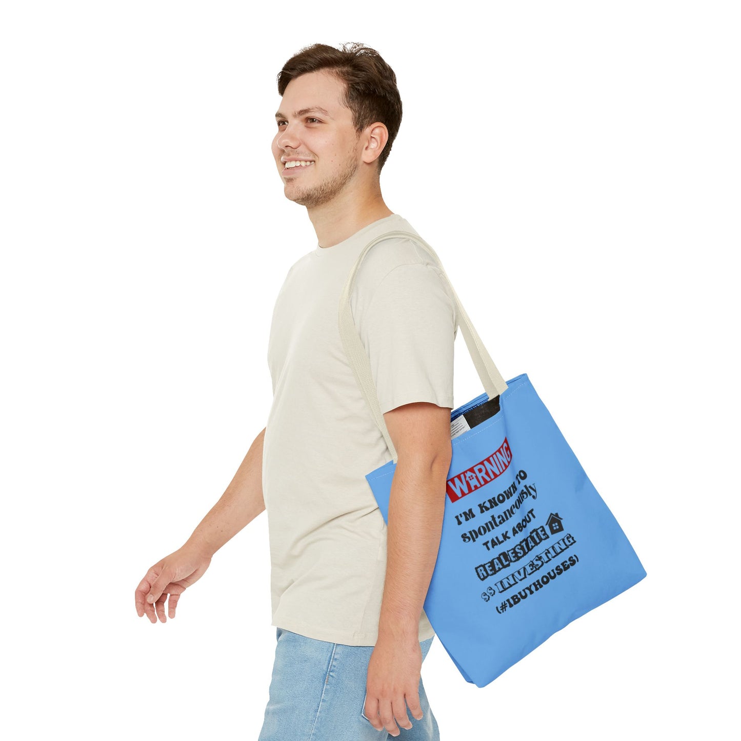 Warning I'm Known to Spontaneously Talk About Real Estate Investing Real Estate Investor Two-Sided Blue Tote Bag with Custom Phone Number