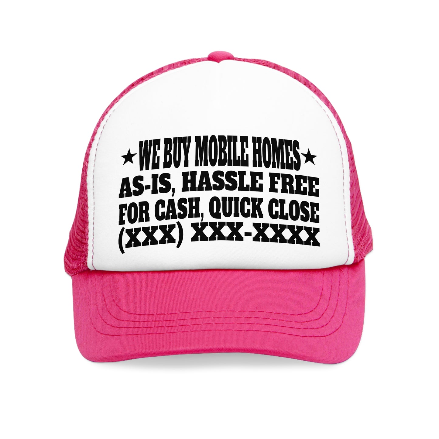 We Buy Mobile Homes As-Is Hassle Free For Cash Quick Close Personalized Mesh Cap for Real Estate Investors, House Flippers, Wholesalers