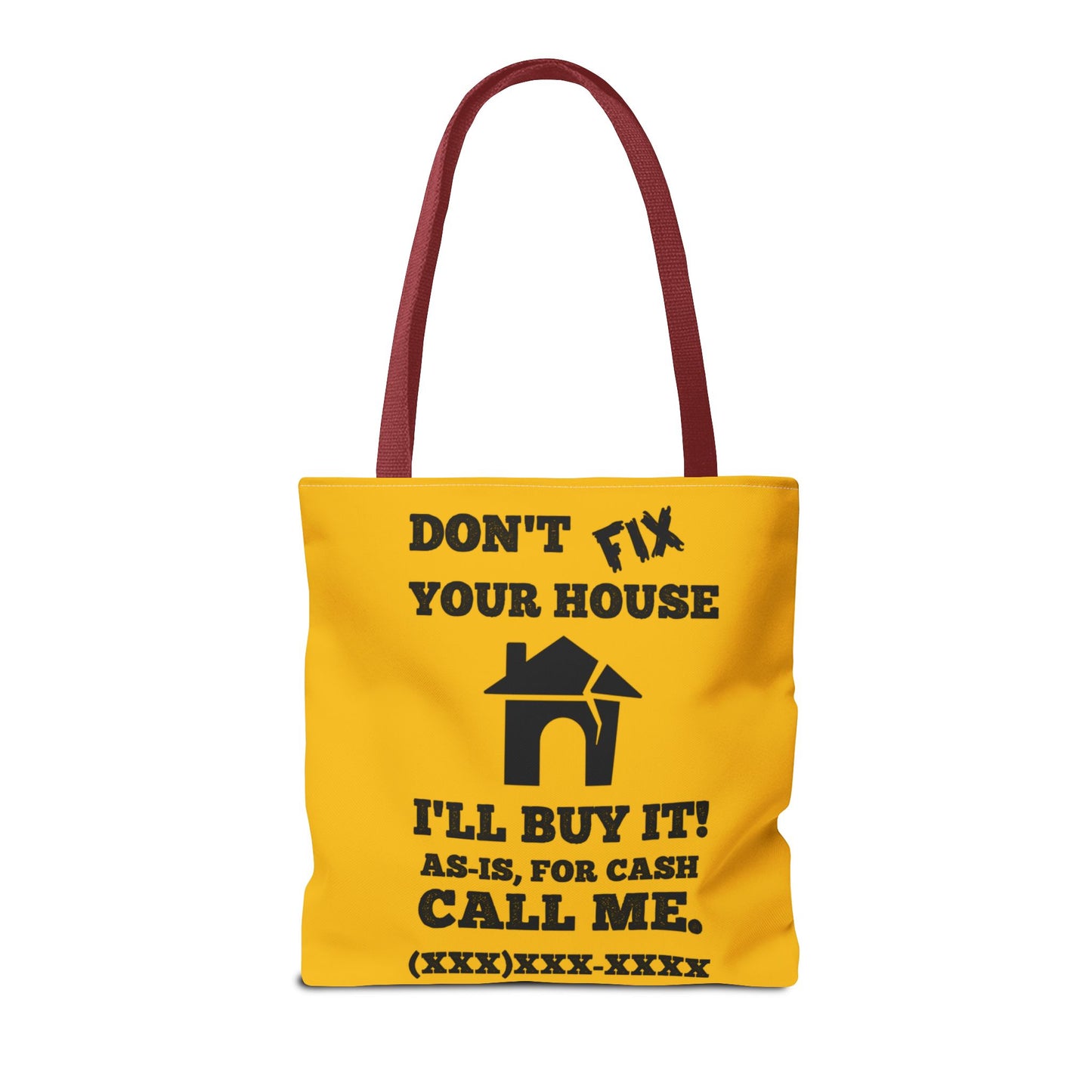 I Buy and Flip Houses to Buy Real Estate Investor Two-Sided Black & Yellow Tote Bag with Custom Phone Number