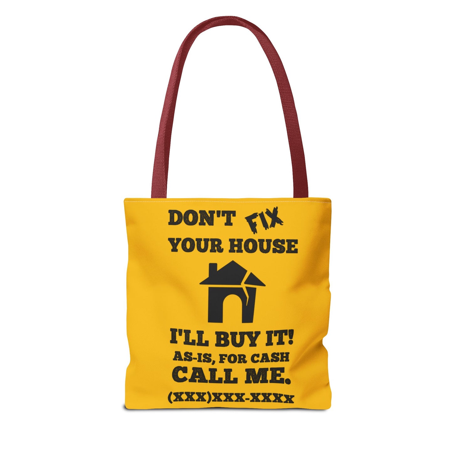 I Buy and Flip Houses to Buy Real Estate Investor Two-Sided Black & Yellow Tote Bag with Custom Phone Number