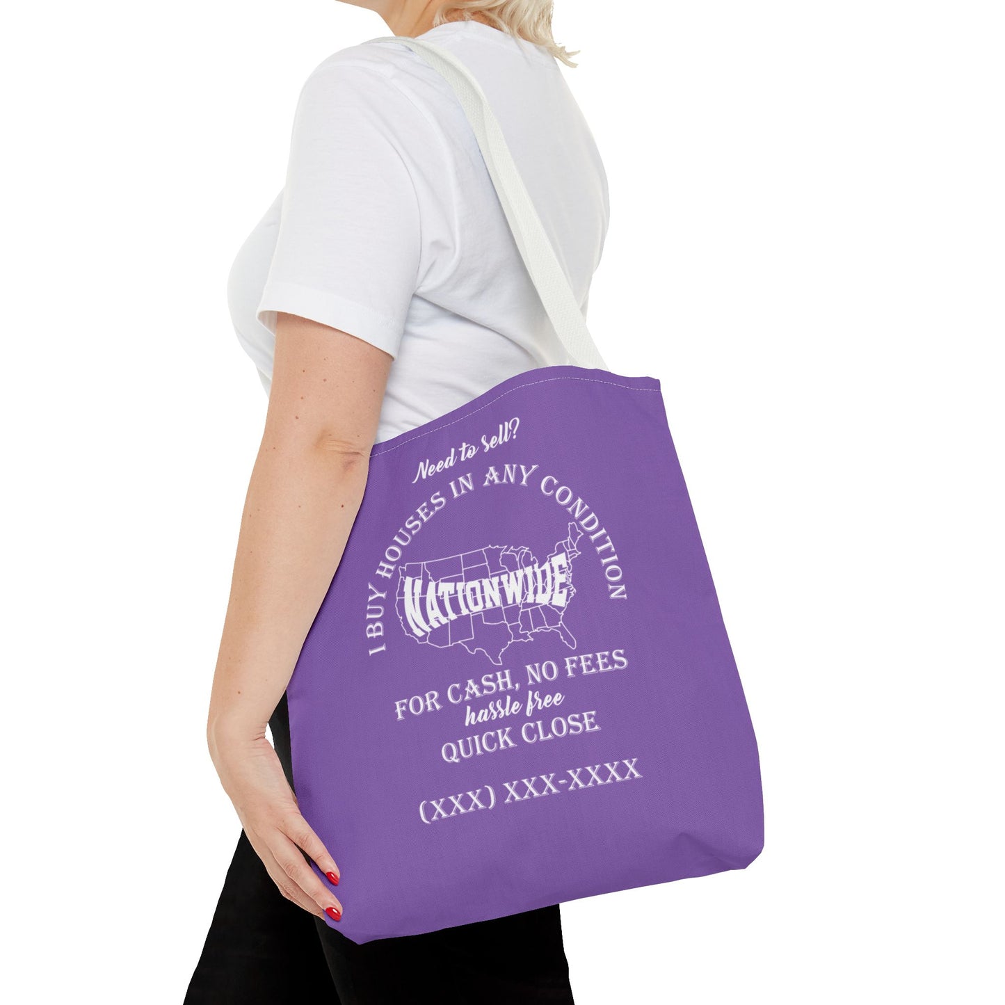 I Buy Houses Nationwide Real Estate Investor Two-Sided Purple Tote Bag with Custom Phone Number