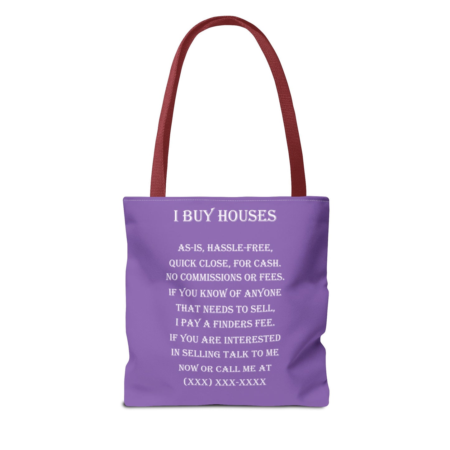 I Buy Houses Nationwide Real Estate Investor Two-Sided Purple Tote Bag with Custom Phone Number