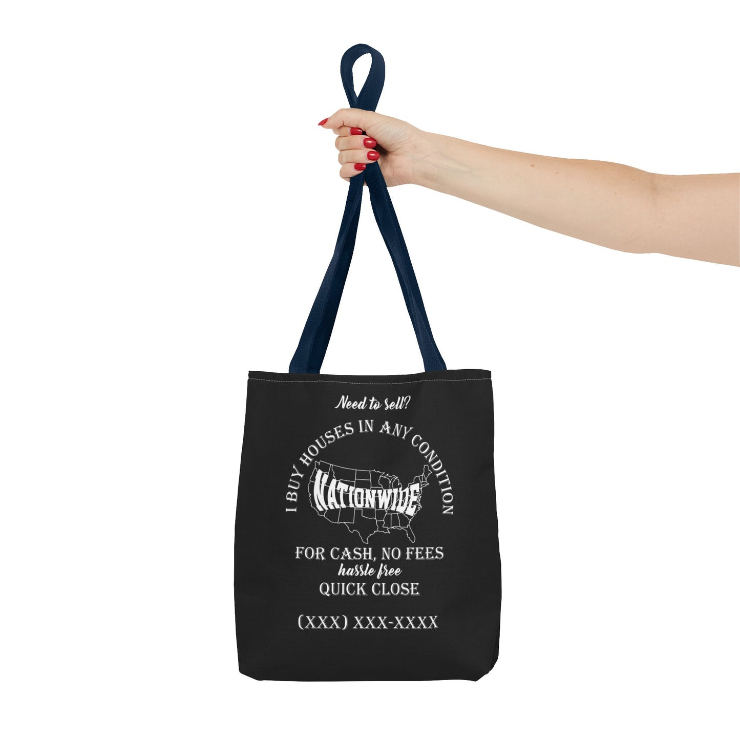 I Buy Houses Nationwide Real Estate Investor Two-Sided Black Tote Bag with Custom Phone Number