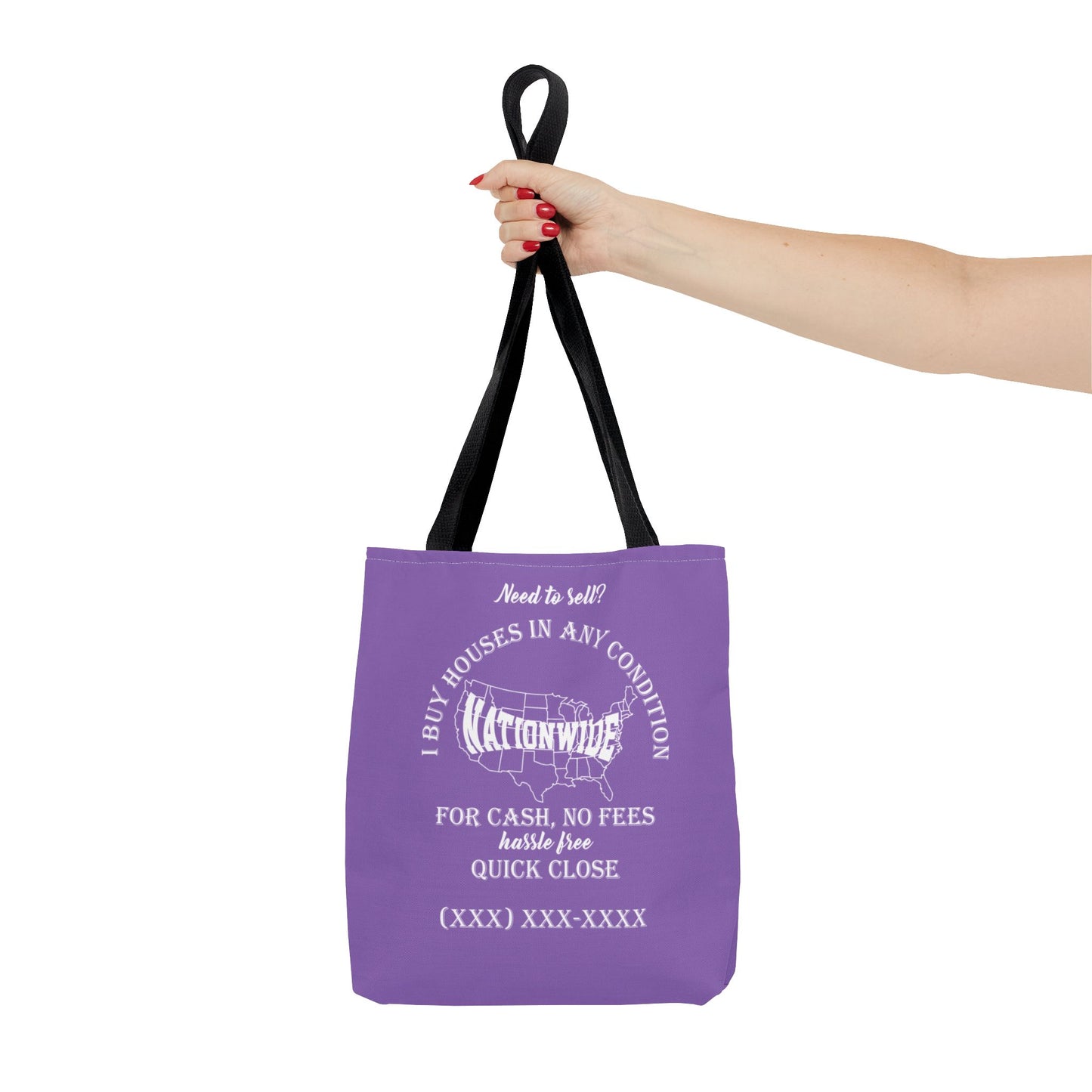 I Buy Houses Nationwide Real Estate Investor Two-Sided Purple Tote Bag with Custom Phone Number