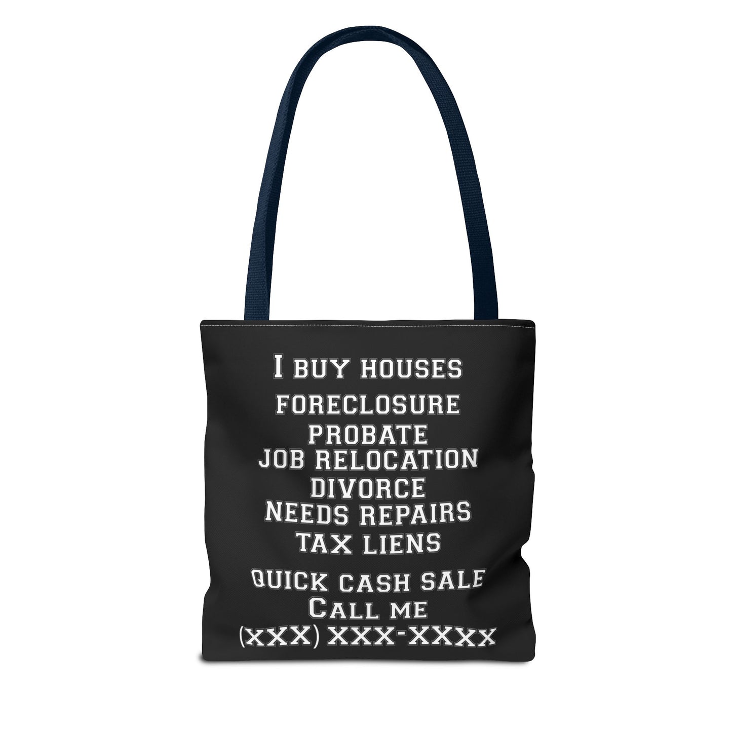 Homeowner Rescue Real Estate Investor Two-Sided Black Tote Bag with Custom Phone Number