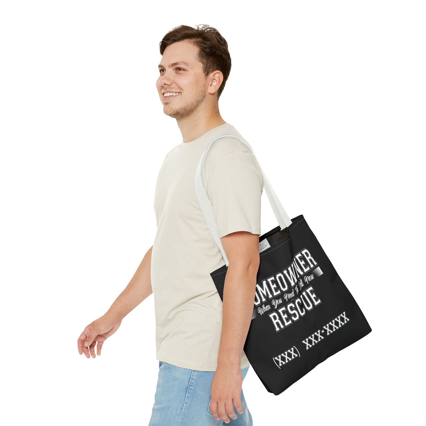 Homeowner Rescue Real Estate Investor Two-Sided Black Tote Bag with Custom Phone Number