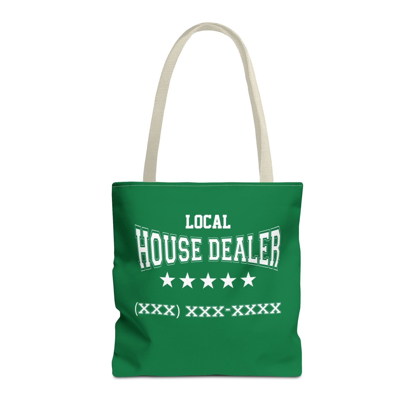 Local Five Star House Dealer Real Estate Investor Two-Sided Dark Green Tote Bag with Custom Phone Number