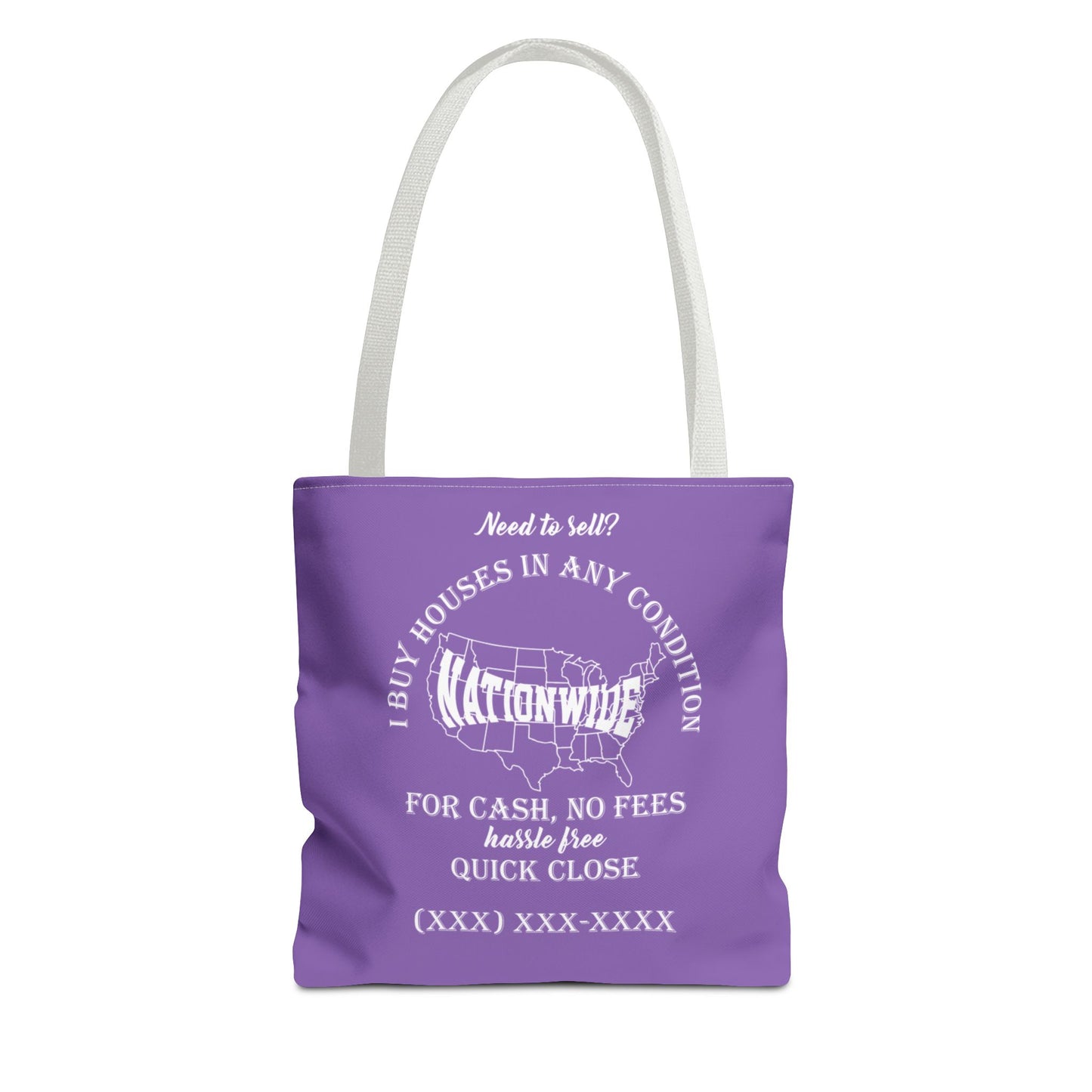 I Buy Houses Nationwide Real Estate Investor Two-Sided Purple Tote Bag with Custom Phone Number