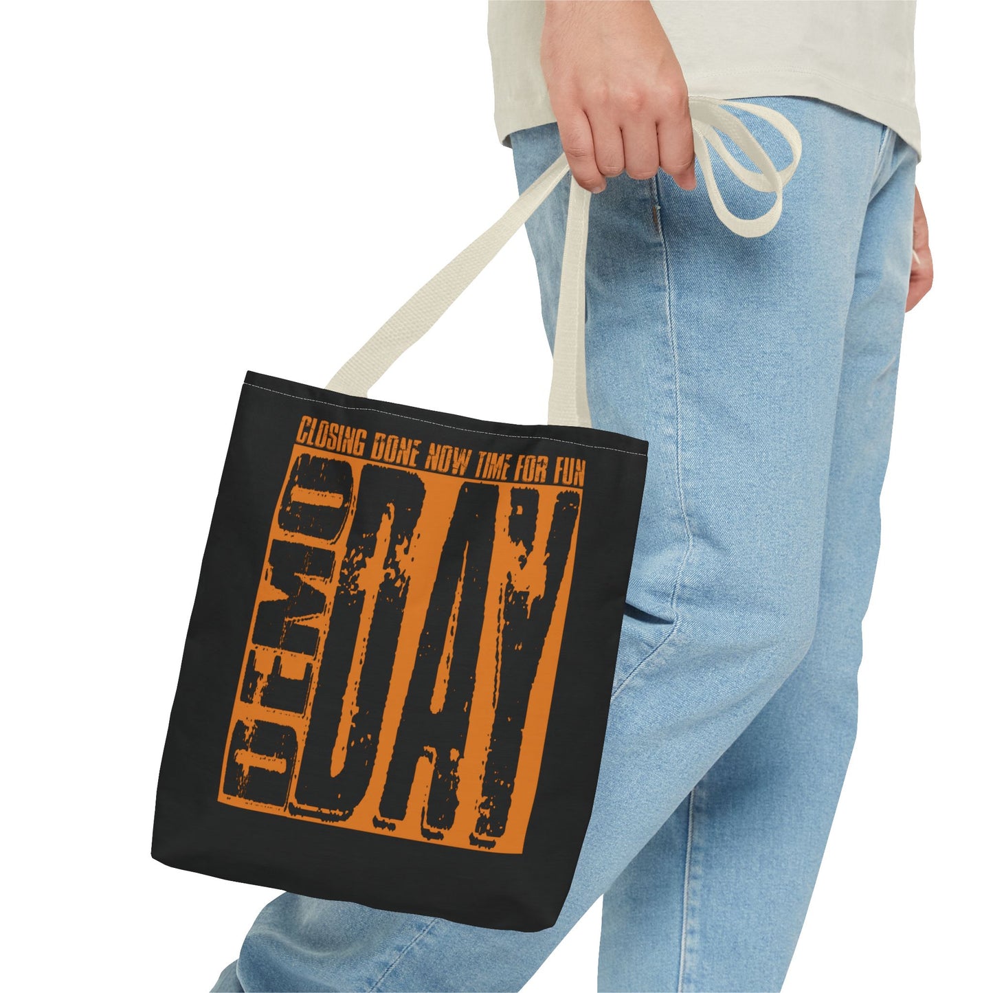 Demo Day Closing Done Now Time for Fun Lead Generation Two-Sided Black Tote Bag with Custom Phone Number