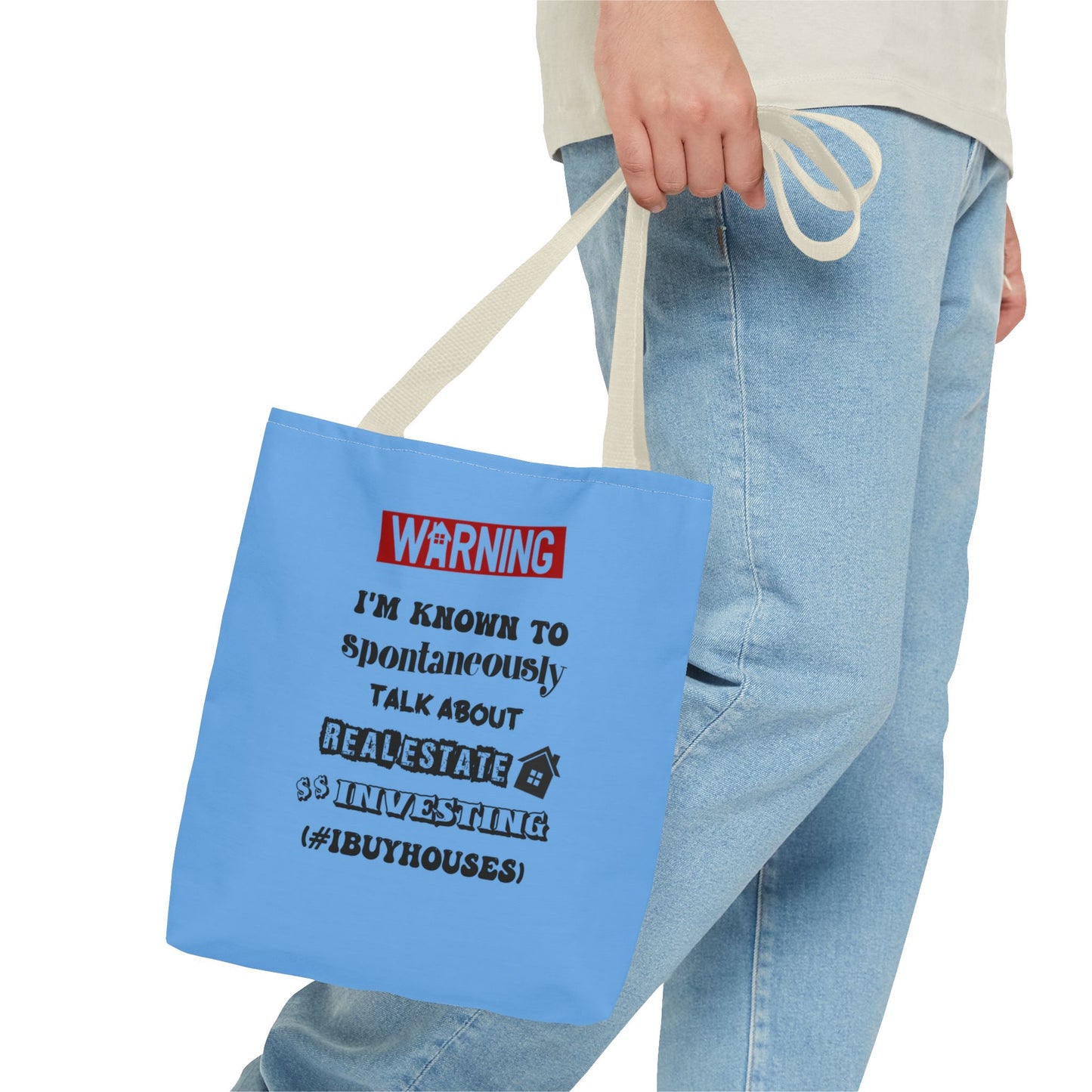 Warning I'm Known to Spontaneously Talk About Real Estate Investing Real Estate Investor Two-Sided Blue Tote Bag with Custom Phone Number