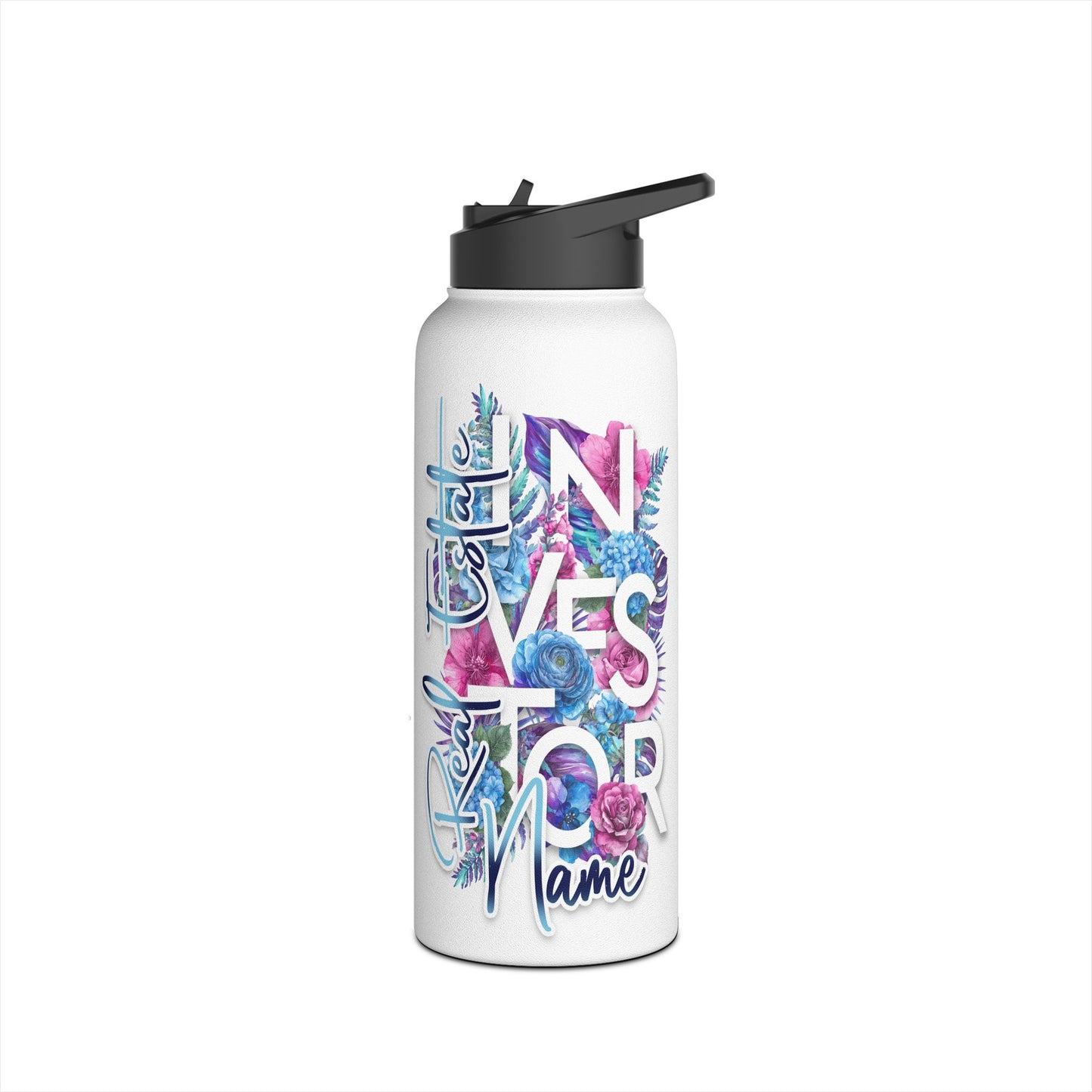 Floral Real Estate Investor Personalized Stainless Steel Water Bottle, Standard Lid