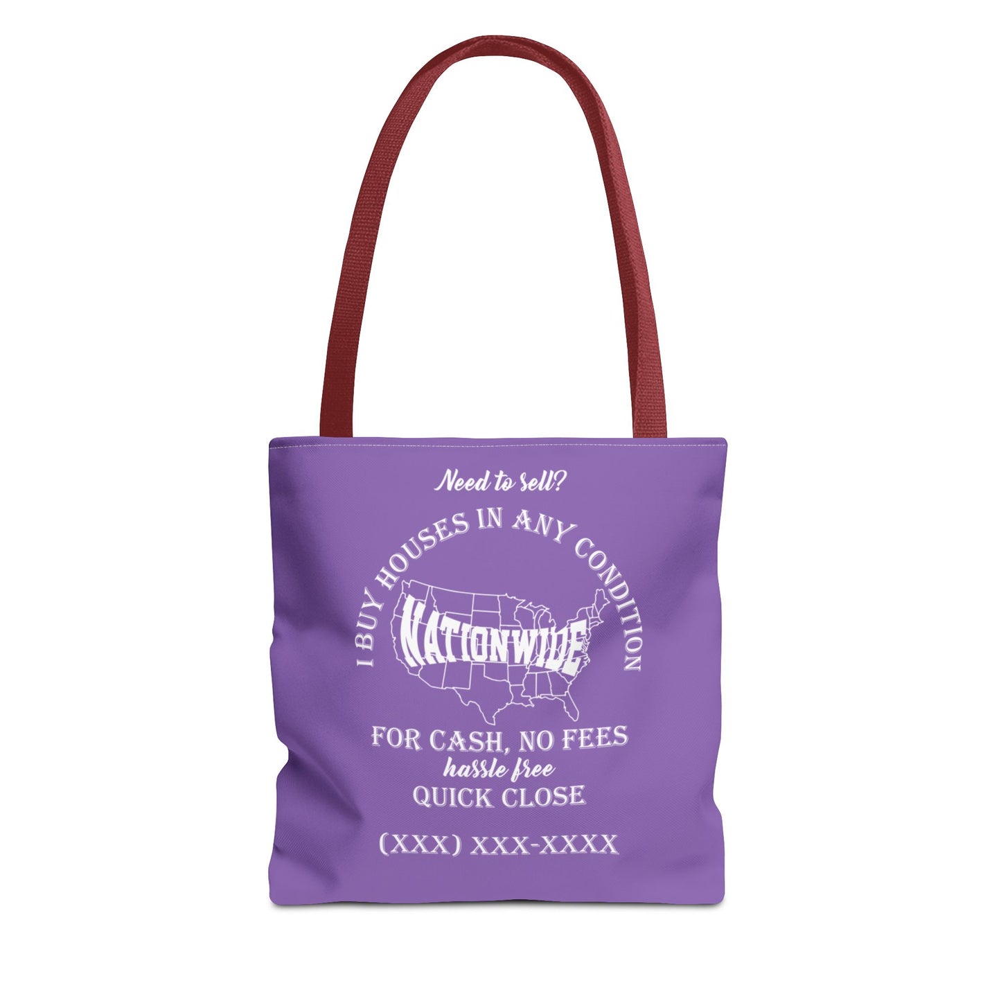 I Buy Houses Nationwide Real Estate Investor Two-Sided Purple Tote Bag with Custom Phone Number