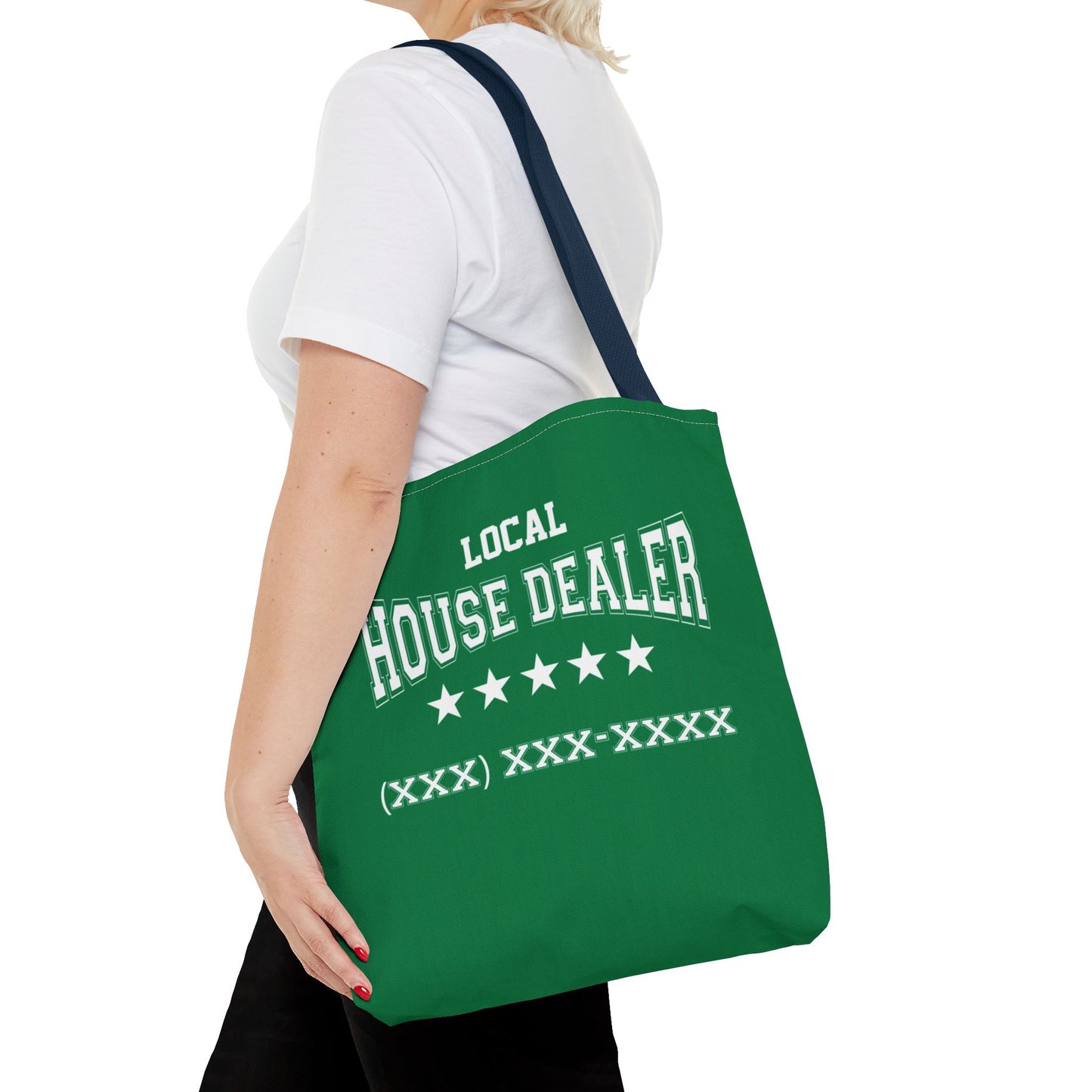 Local Five Star House Dealer Real Estate Investor Two-Sided Dark Green Tote Bag with Custom Phone Number