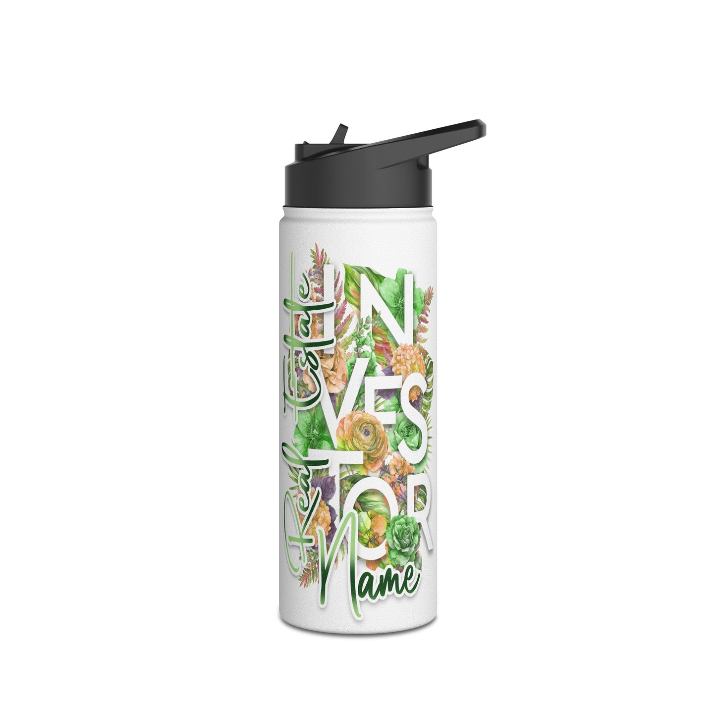 Floral Real Estate Investor Personalized Stainless Steel Water Bottle, Standard Lid