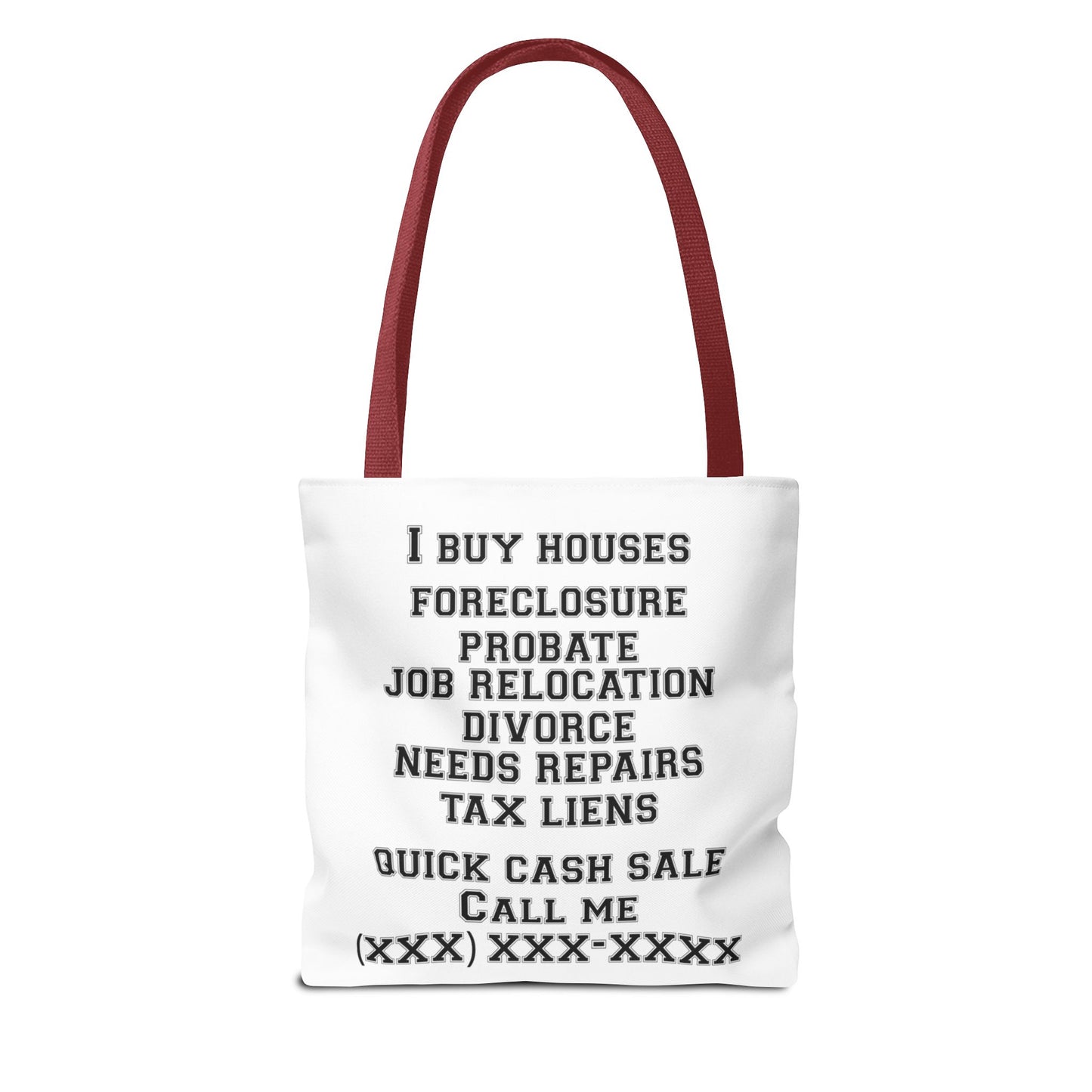 Homeowner Rescue Real Estate Investor Two-Sided White Tote Bag with Custom Phone Number