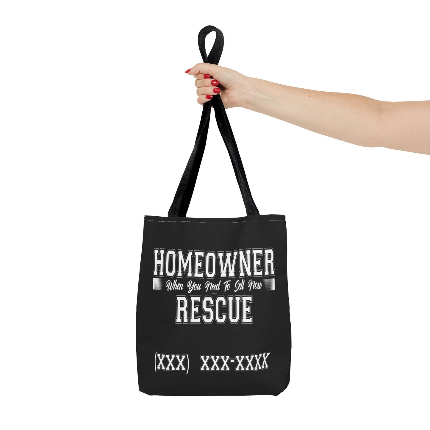 Homeowner Rescue Real Estate Investor Two-Sided Black Tote Bag with Custom Phone Number