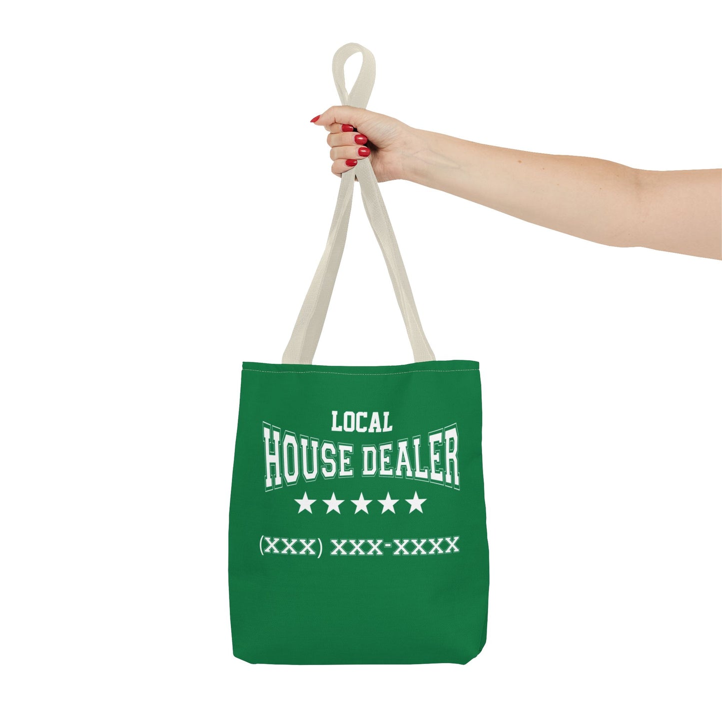 Local Five Star House Dealer Real Estate Investor Two-Sided Dark Green Tote Bag with Custom Phone Number